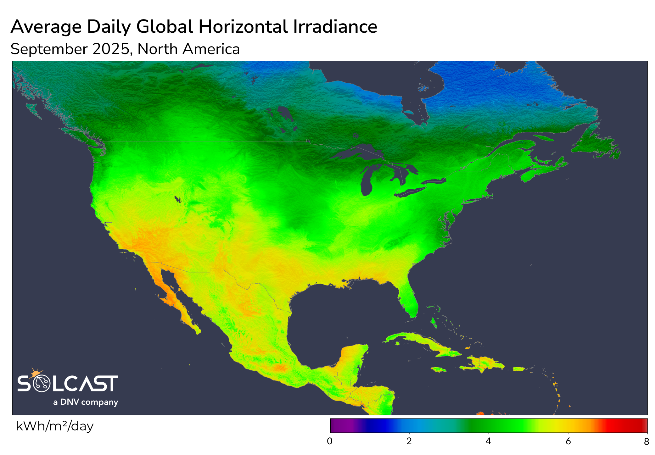 A solar map of North America showing September 2025 average daily global horizontal irradiance (GHI)