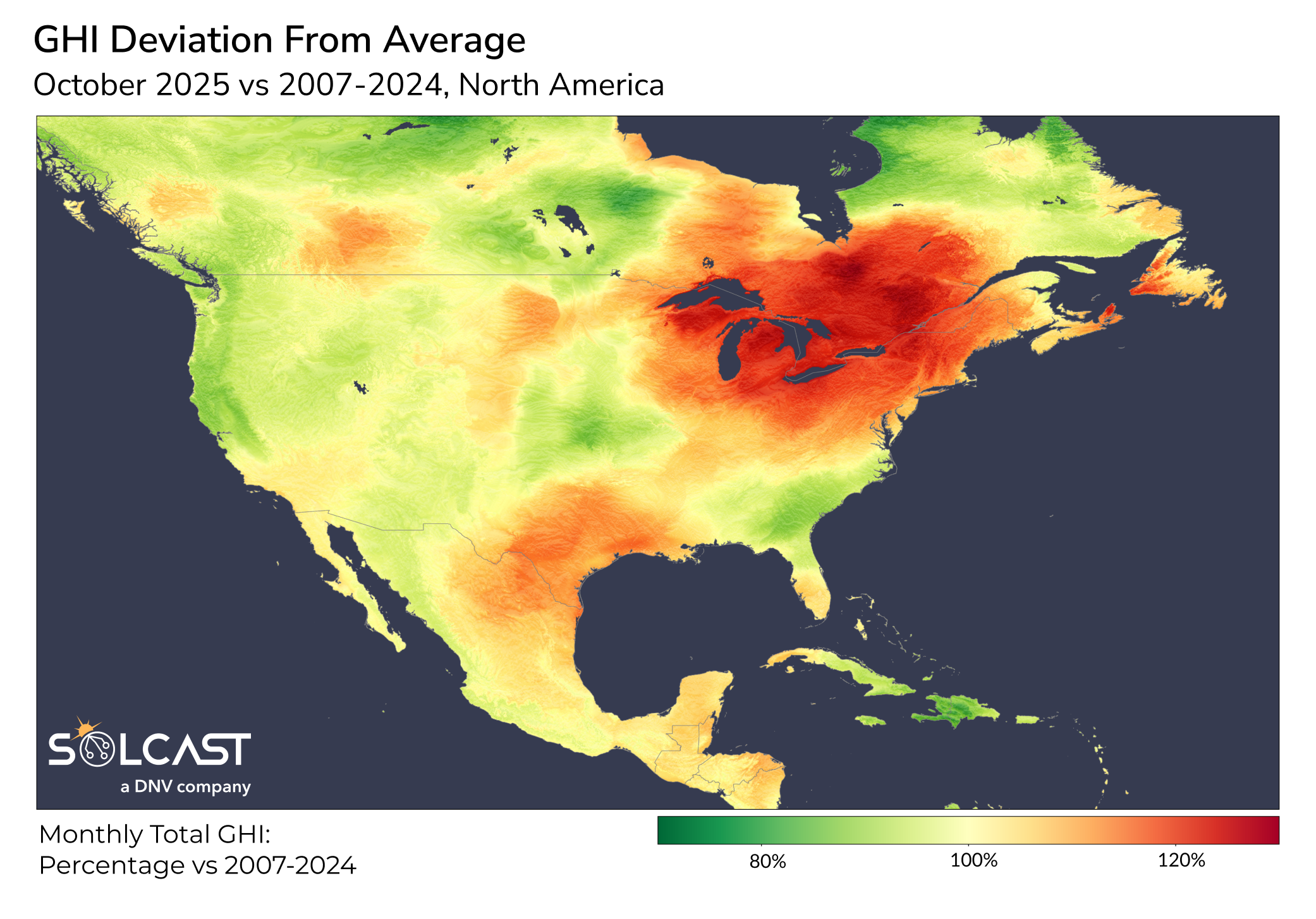 A map of North America showing October 2025 GHI Deviation from 2007-2024 average