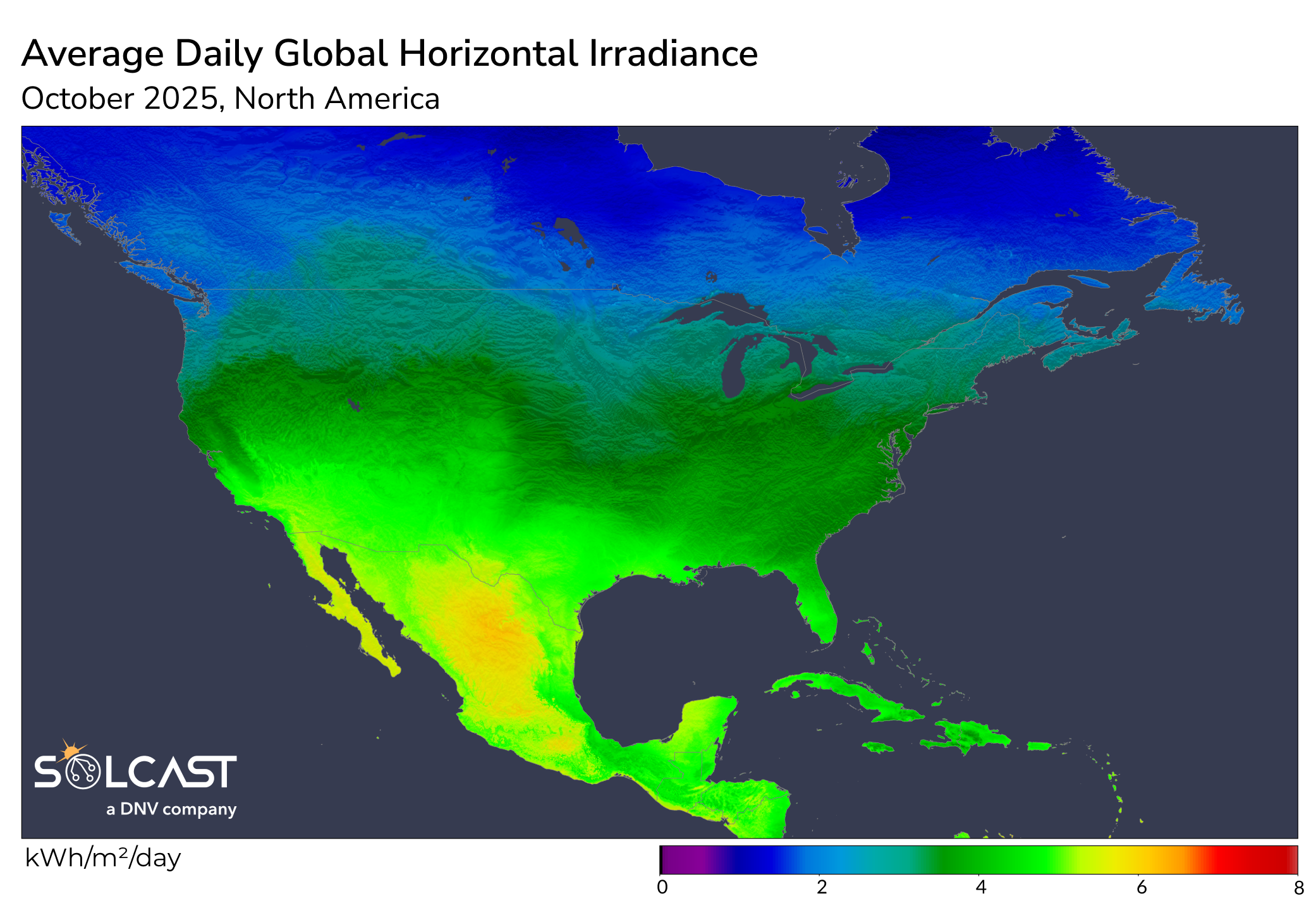 A map of North America showing October 2025 average daily Global Horizontal Irradiance
