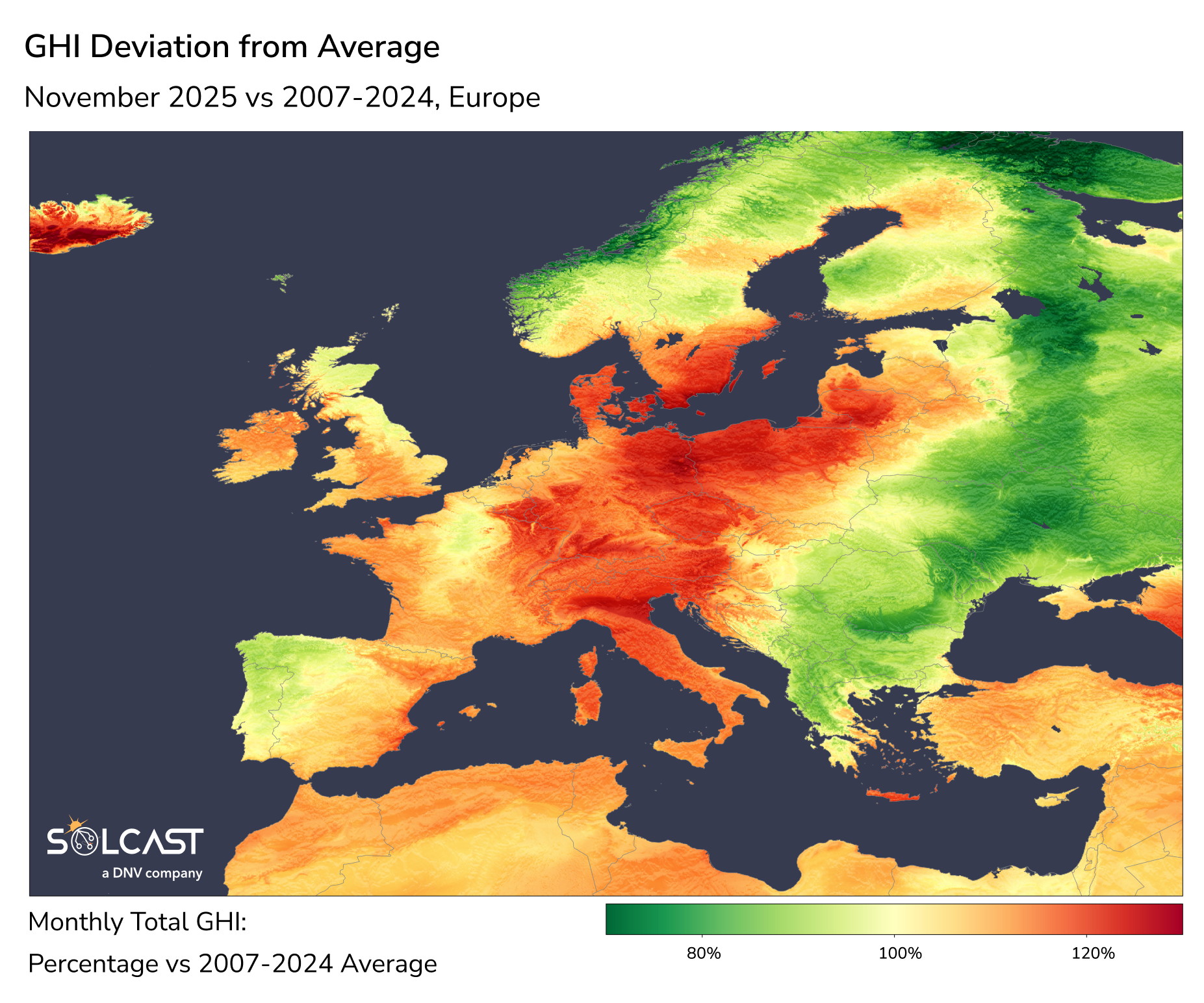 A European solar map showing November 2025 GHI Deviation from average (2007-2024)