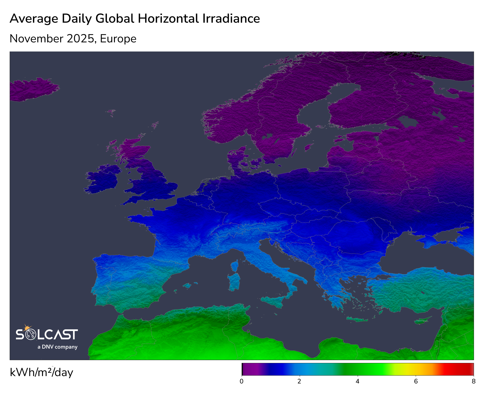 A European solar map showing November 2025 Average Daily GHI