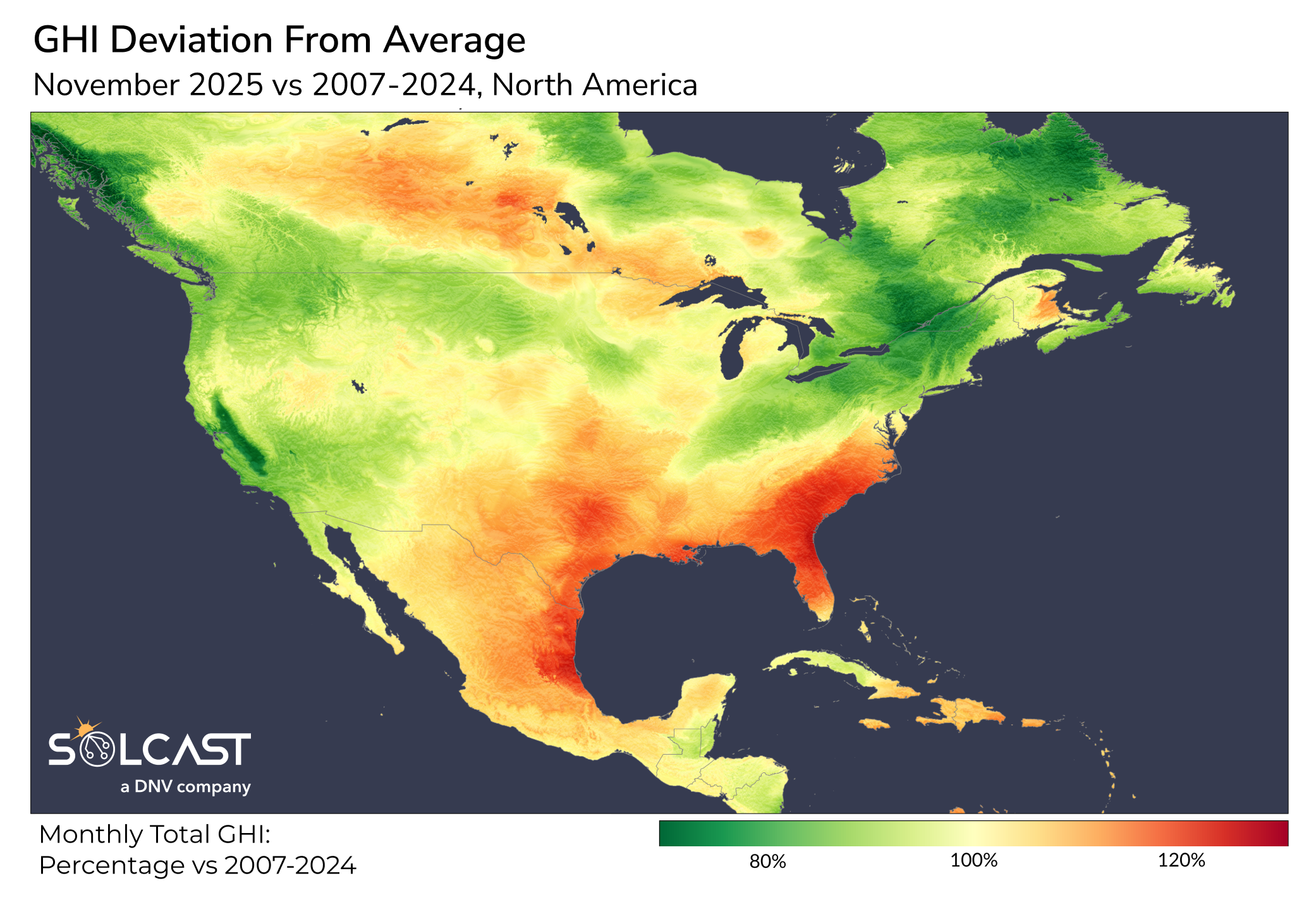 North America GHI Deviation from Average: November 2025 vs 2007-2024