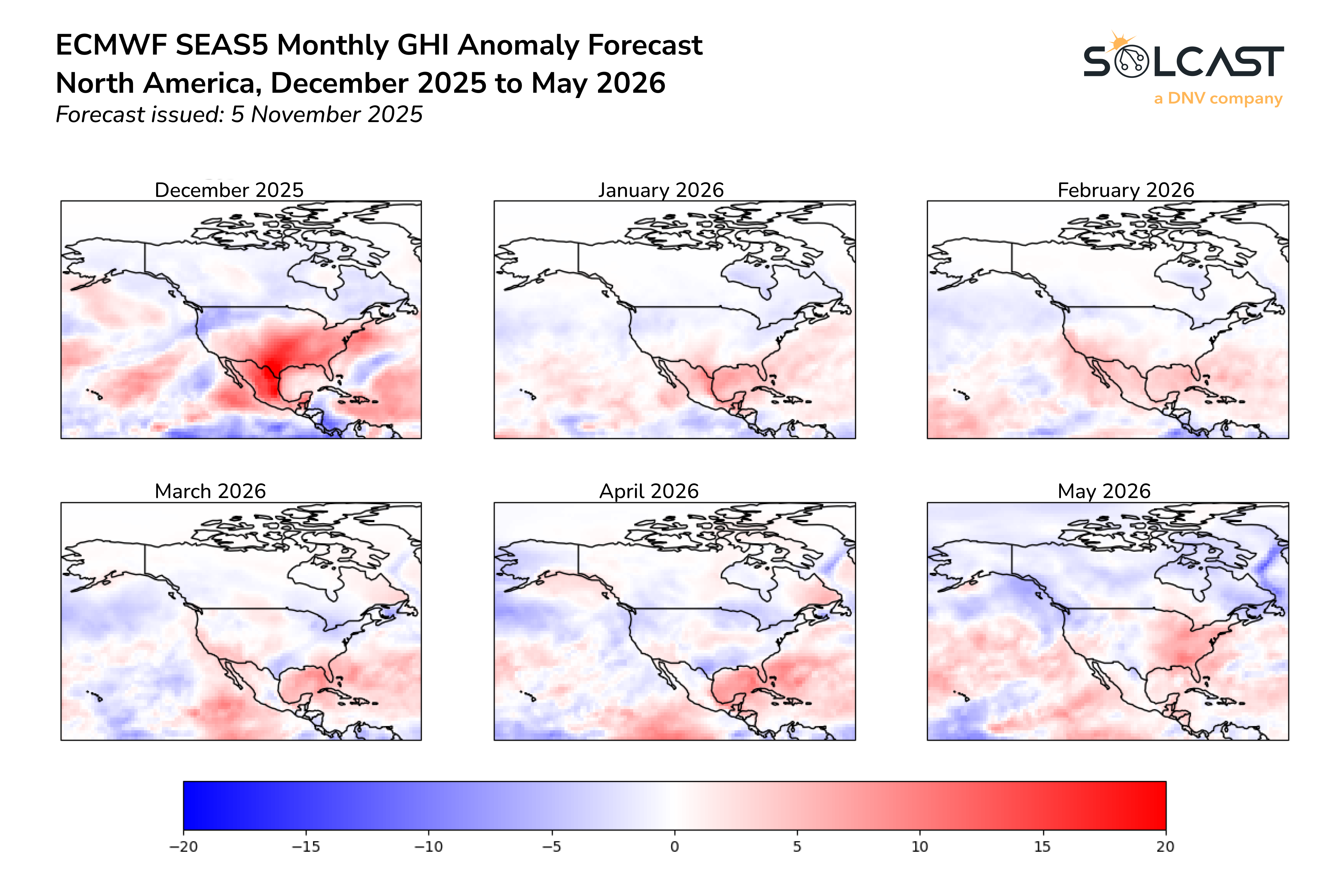 ECMWF SEAS5 monthly GHI anomaly forecast for North America from Dec 2025 to May 2026