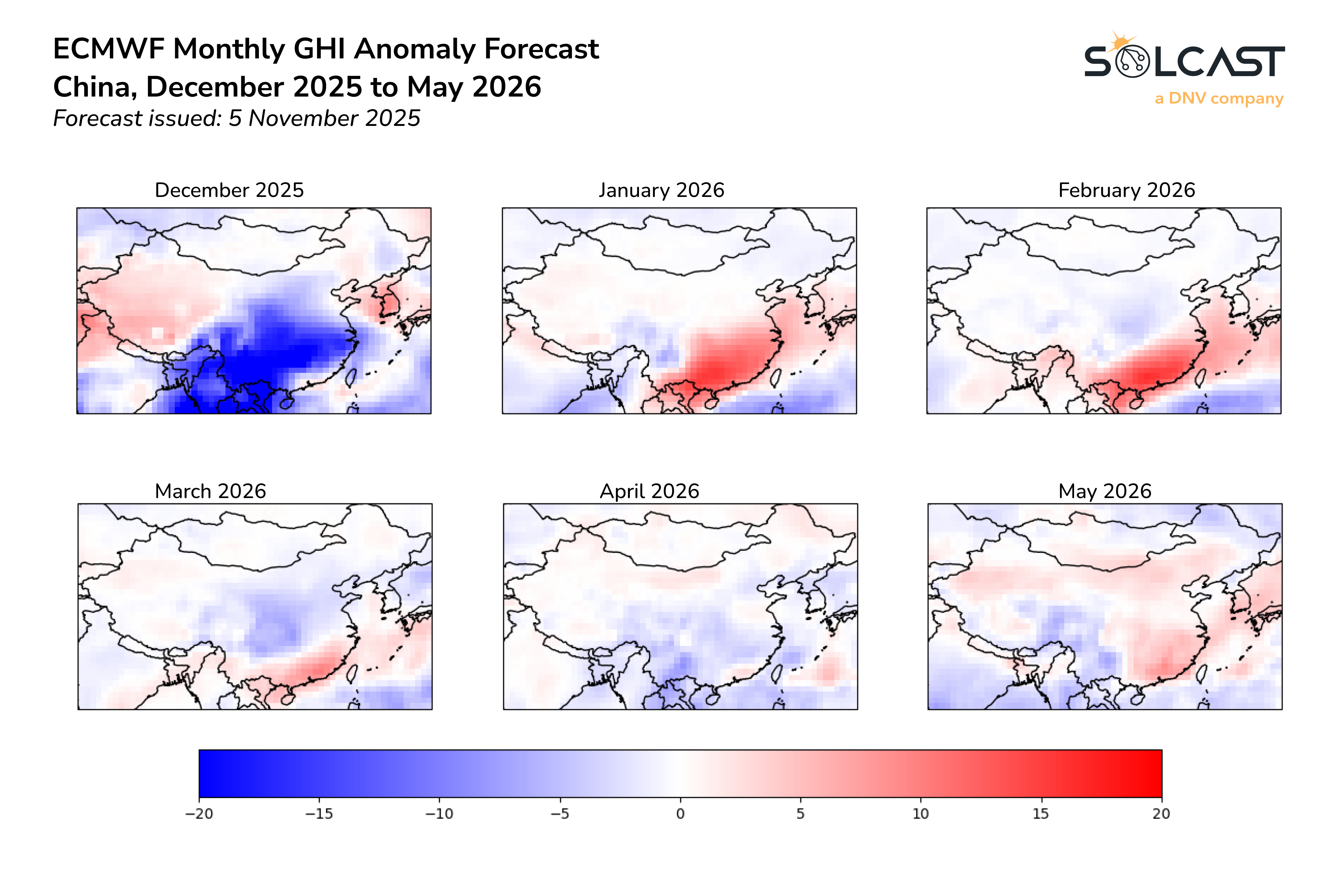 ECMWF SEAS5 monthly GHI anomaly forecast for China from Dec 2025 to May 2026