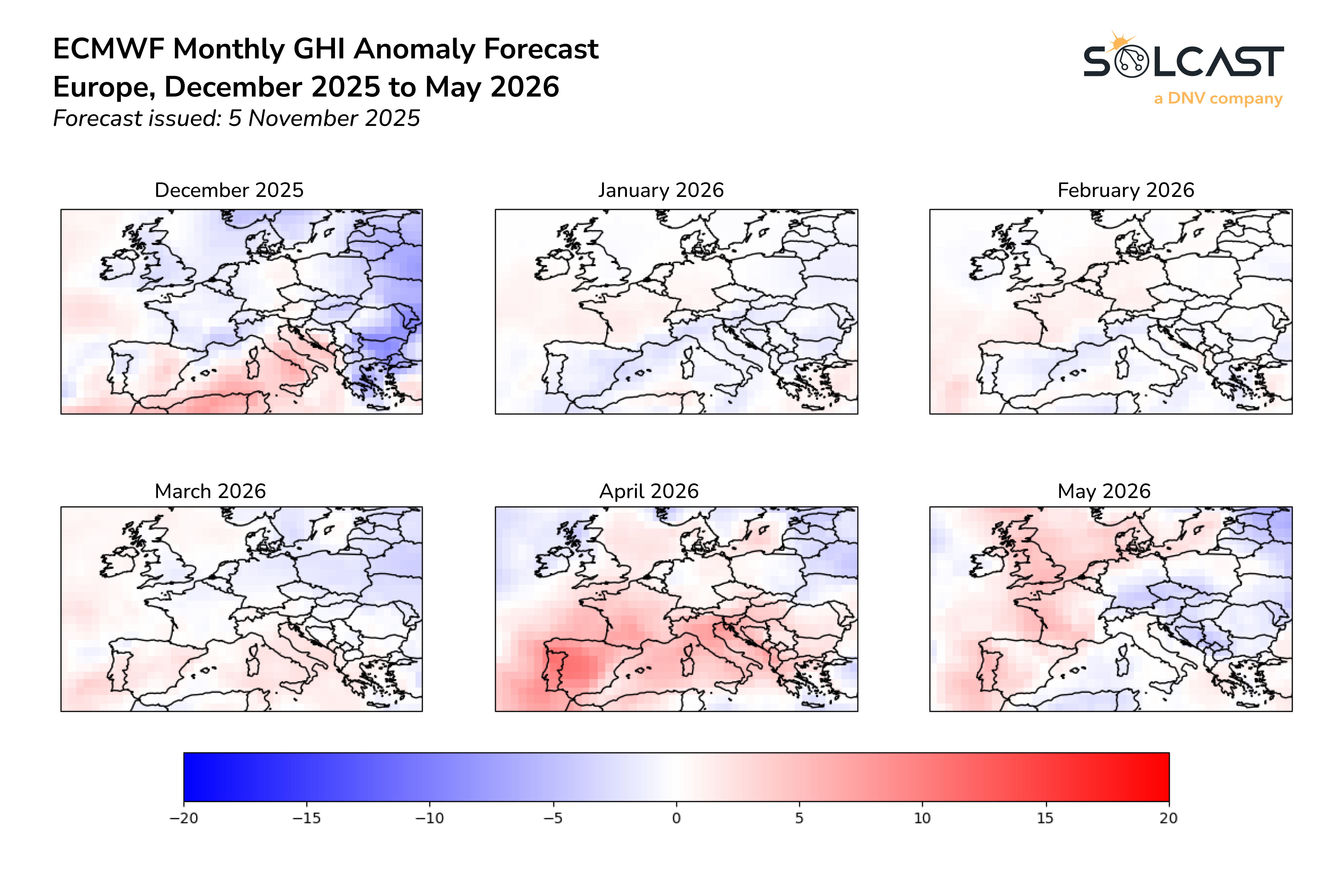 ECMWF SEAS5 monthly GHI anomaly forecast for Europe from Dec 2025 to May 2026