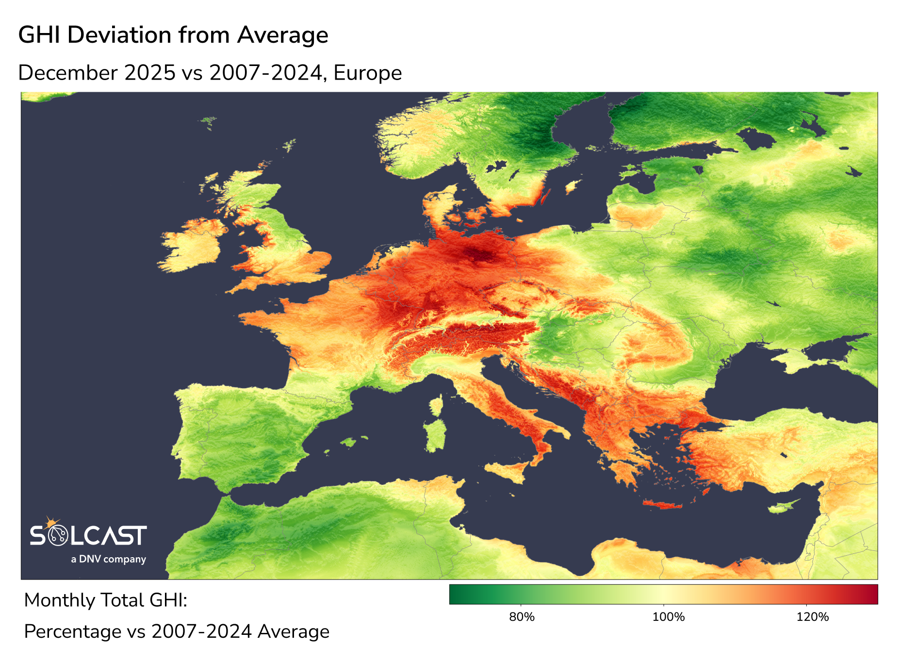 Europe GHI Deviation from Average | December 2025 vs 2007-2024