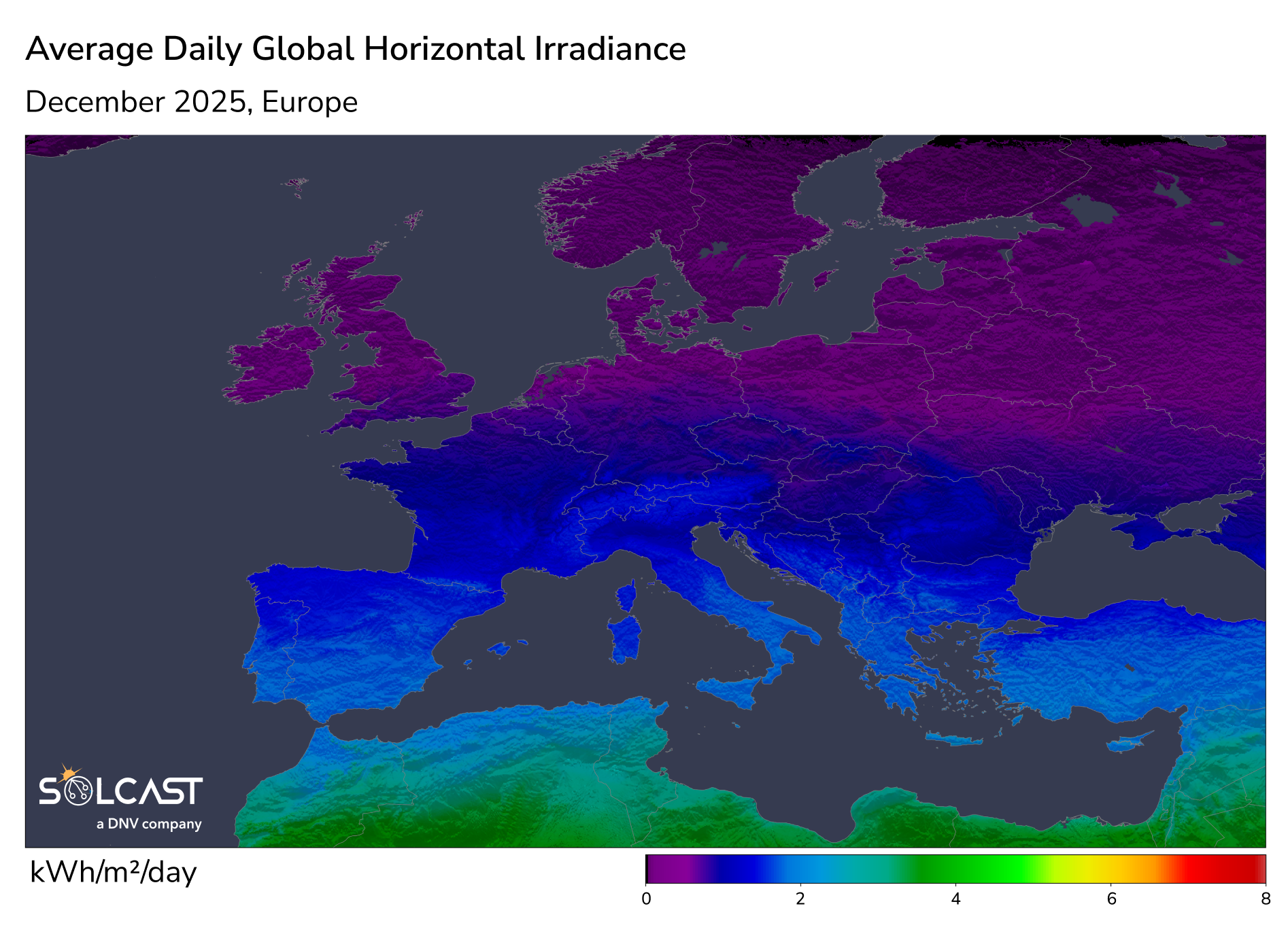 Europe Average Daily Global Horizontal Irradiance | December 2025