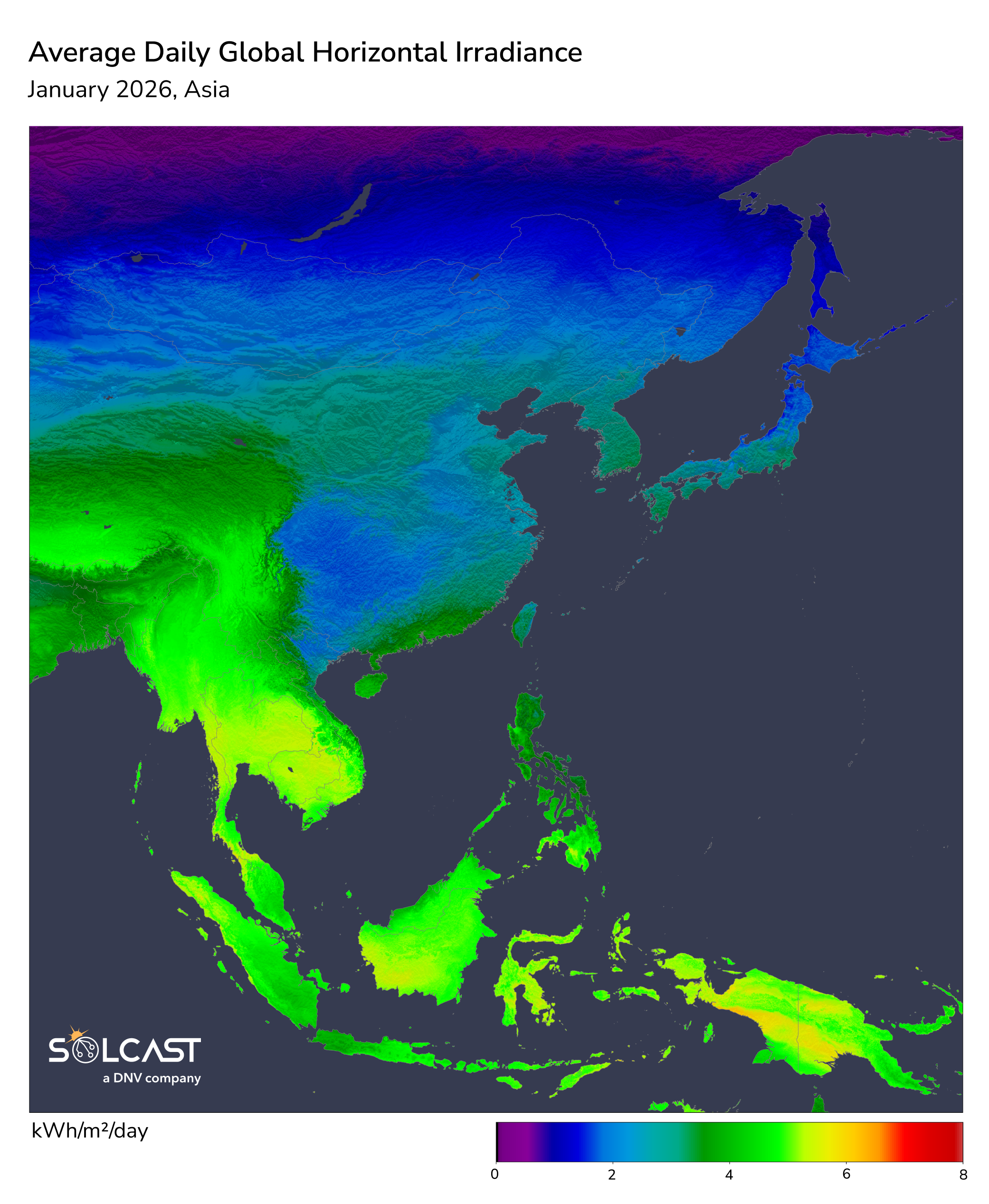 Asia Average Daily Global Horizontal Irradiance: January 2026