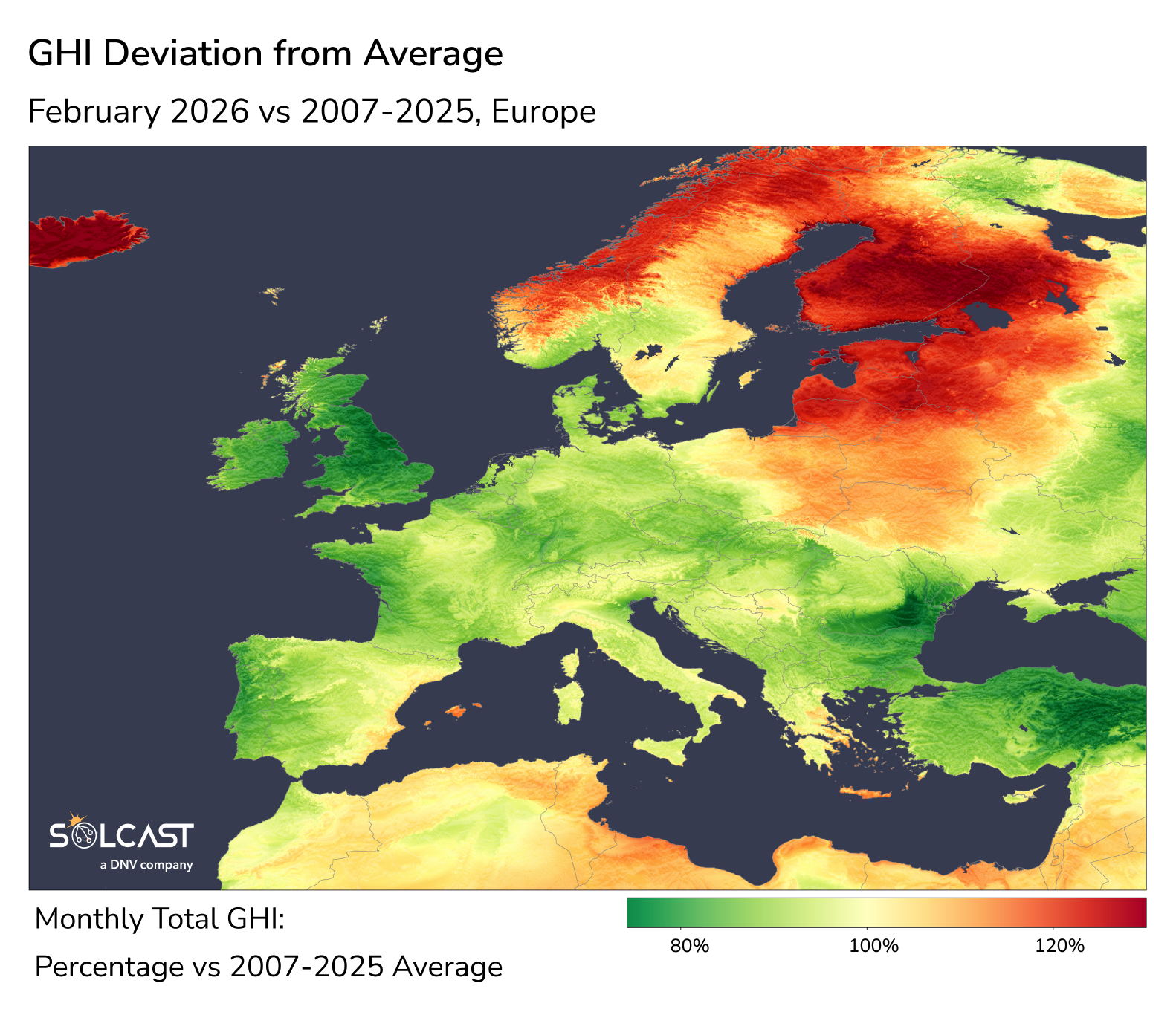GHI Deviation from Average - February 2026 vs 2007-2025, Europe
