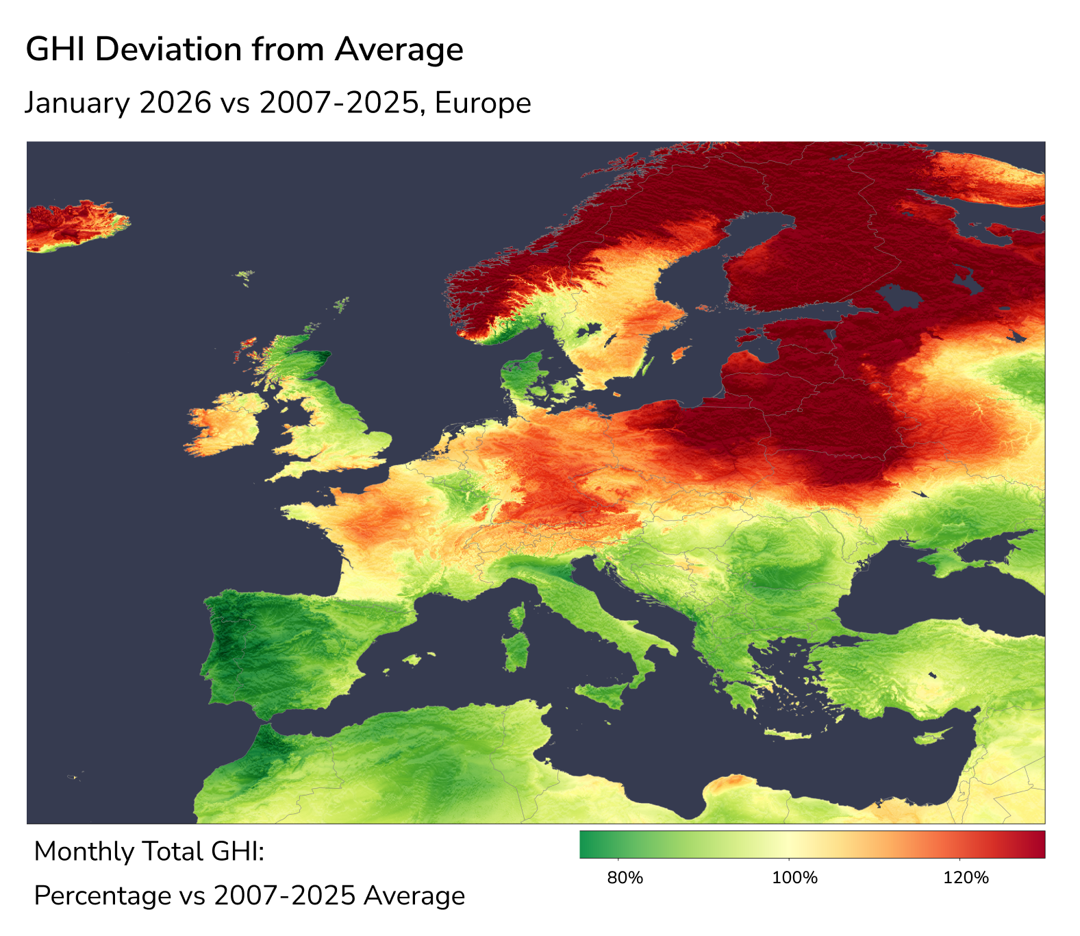 GHI Deviation from Average - January 2026 vs 2007-2025, Europe