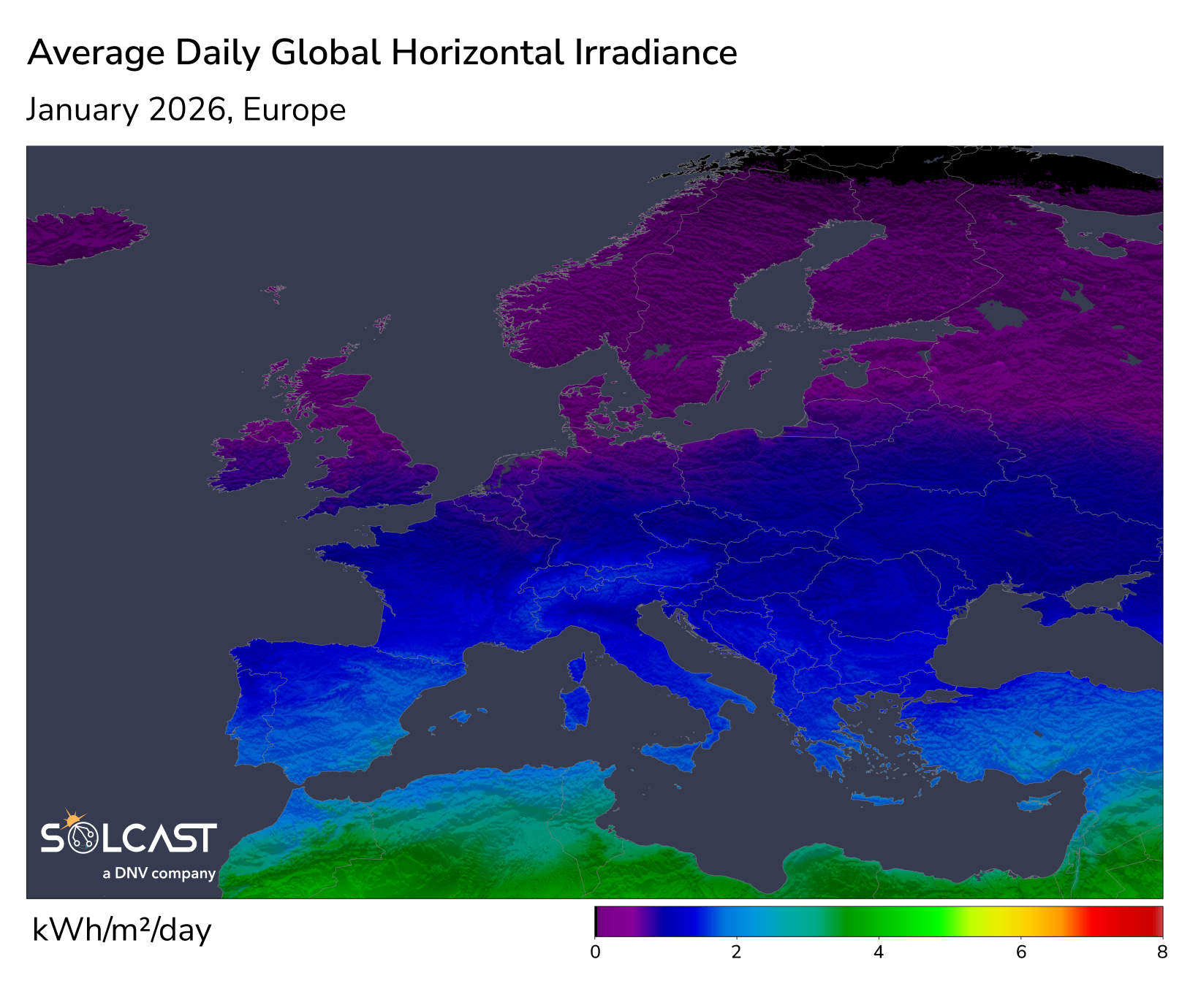 Average Daily GHI - January 2026, Europe