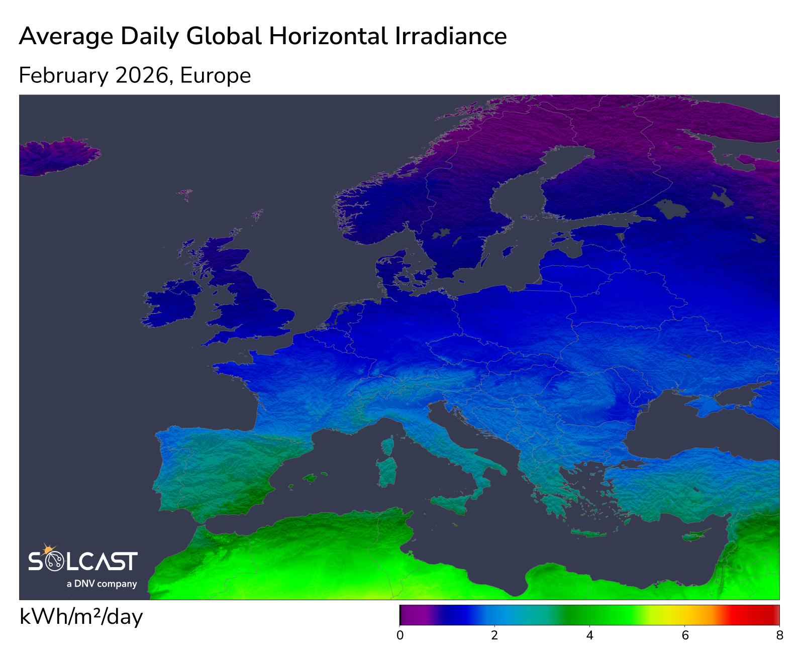 Average Daily GHI - February 2026, Europe