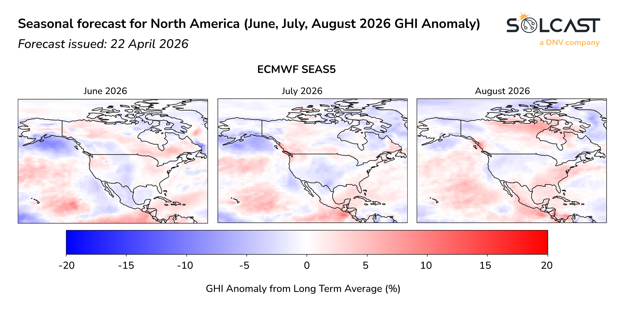 Seasonal forecast for North America (June, July, August 2026 GHI anomaly)