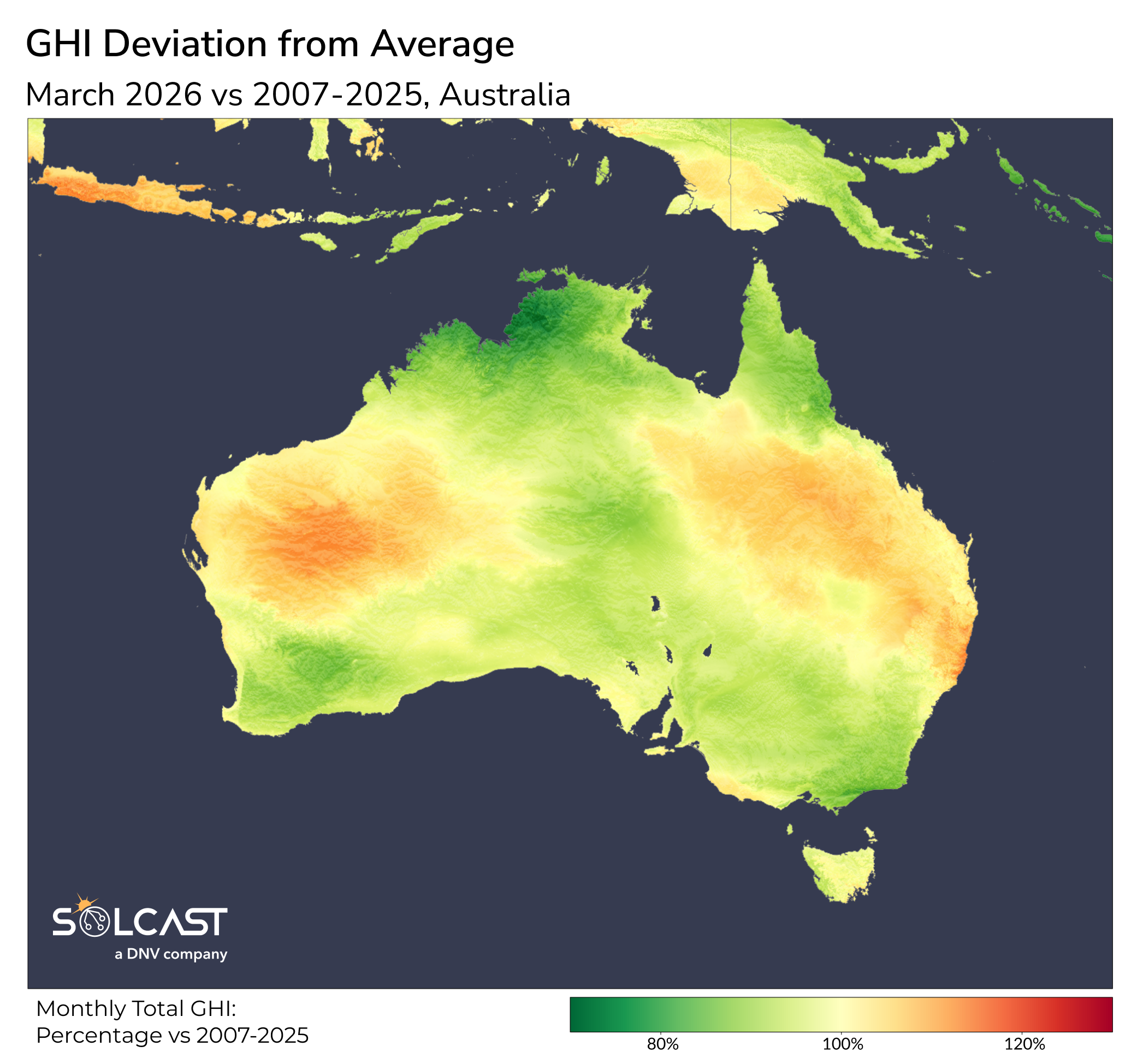 GHI Deviation from Average: March 2026 vs 2007-2025, Australia