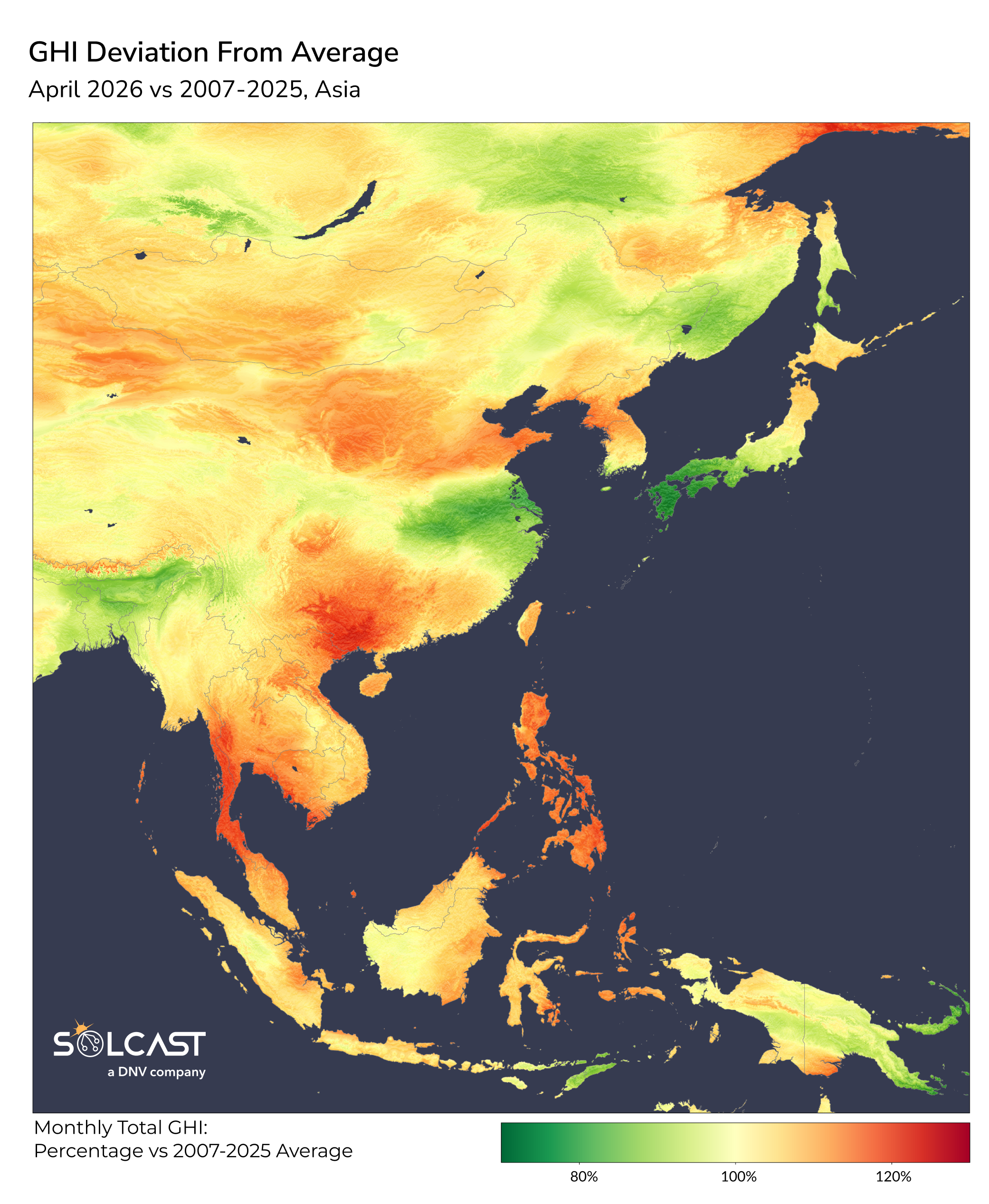 Asia GHI anomaly map (April 2026 vs 2007-2025)