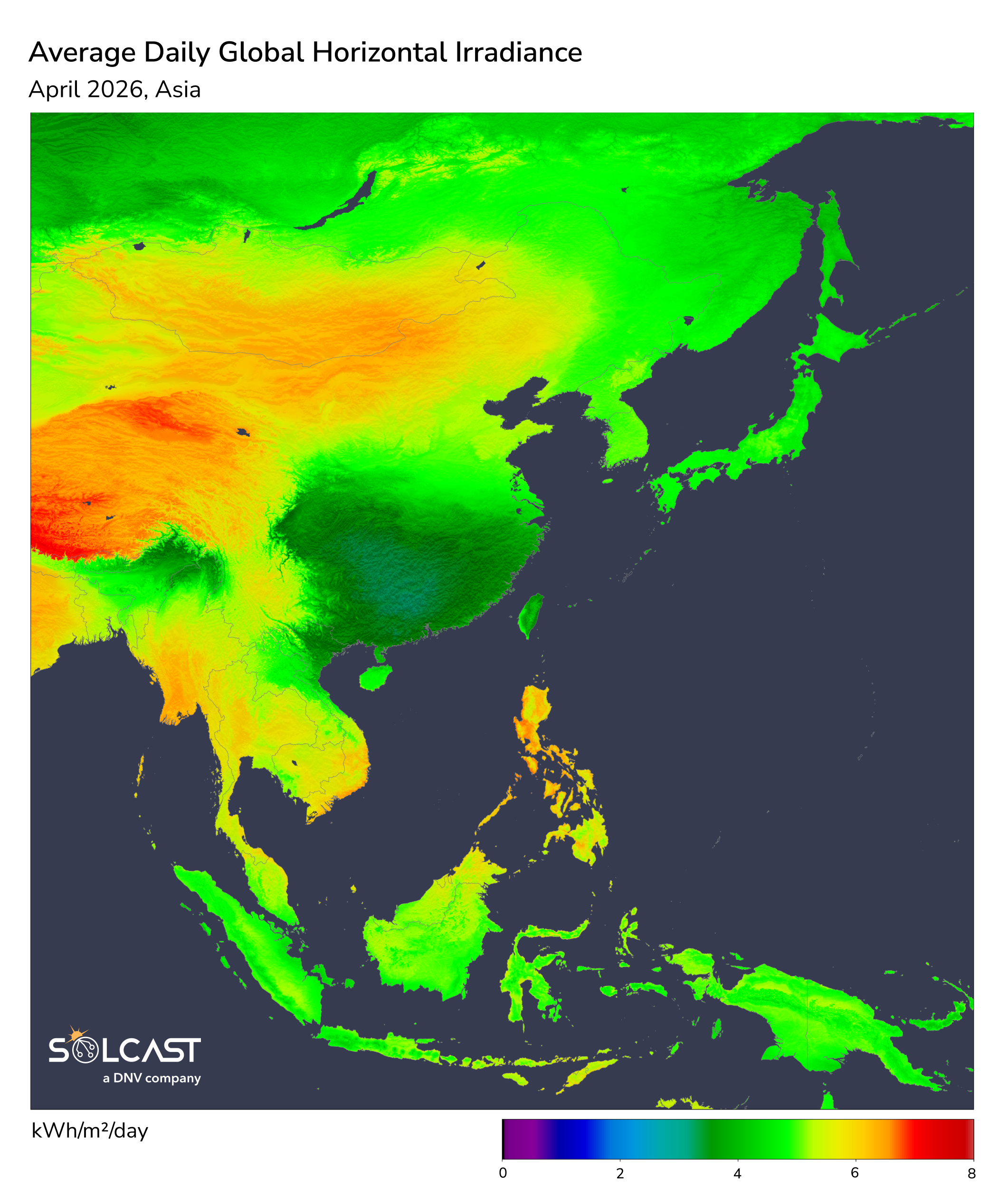 Asia Average Daily GHI map (April 2026)