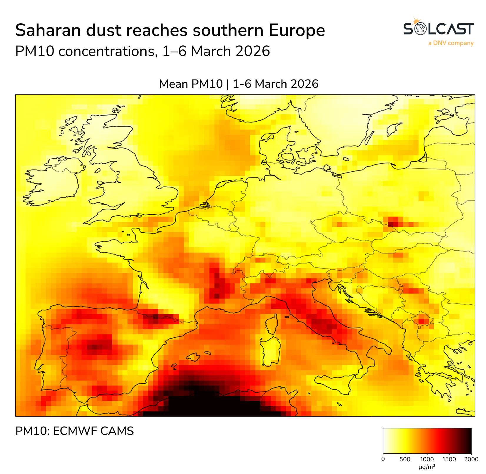 Saharan dust in Southern Europe: PM concentrations from 1-6 March 2026 