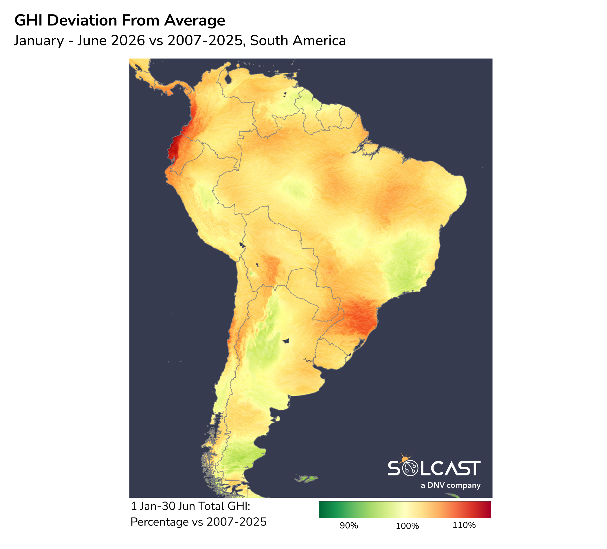 South America GHI deviation from average: January to June 2026