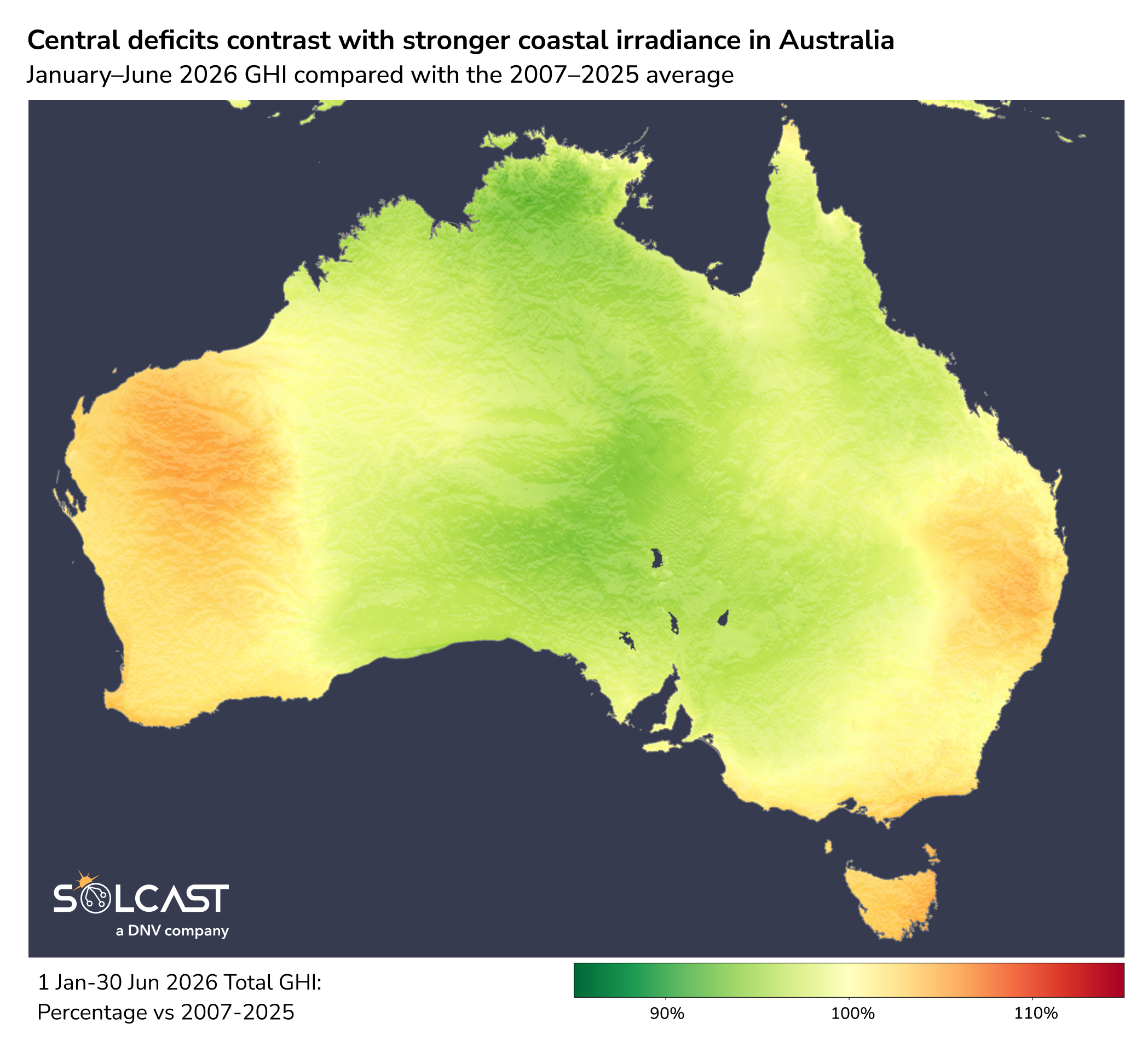 Australia: Jan-Jun 2026 GHI vs 2007-2025 average