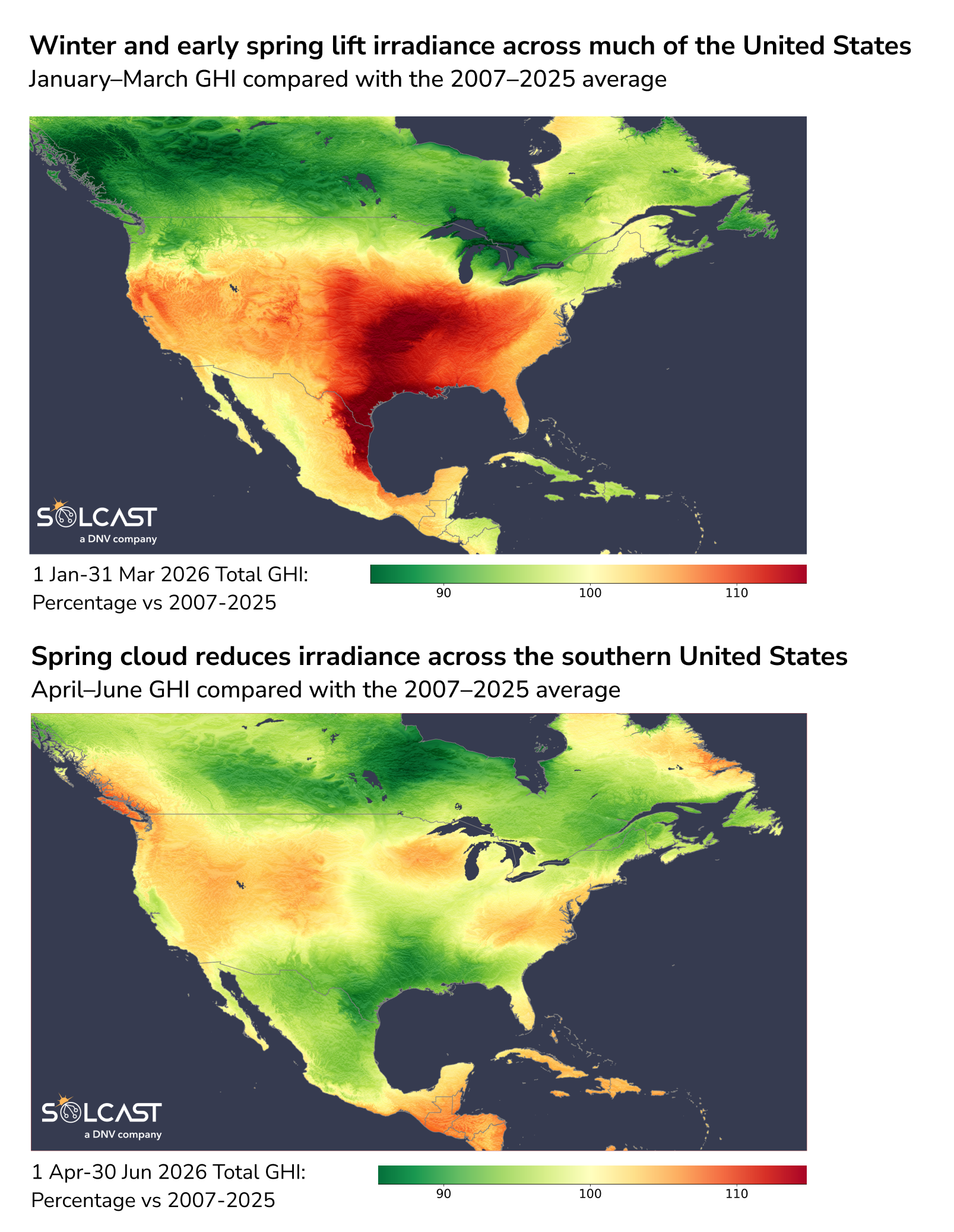 January-March GHI and April-June GHI compared with the 2007-2025 average