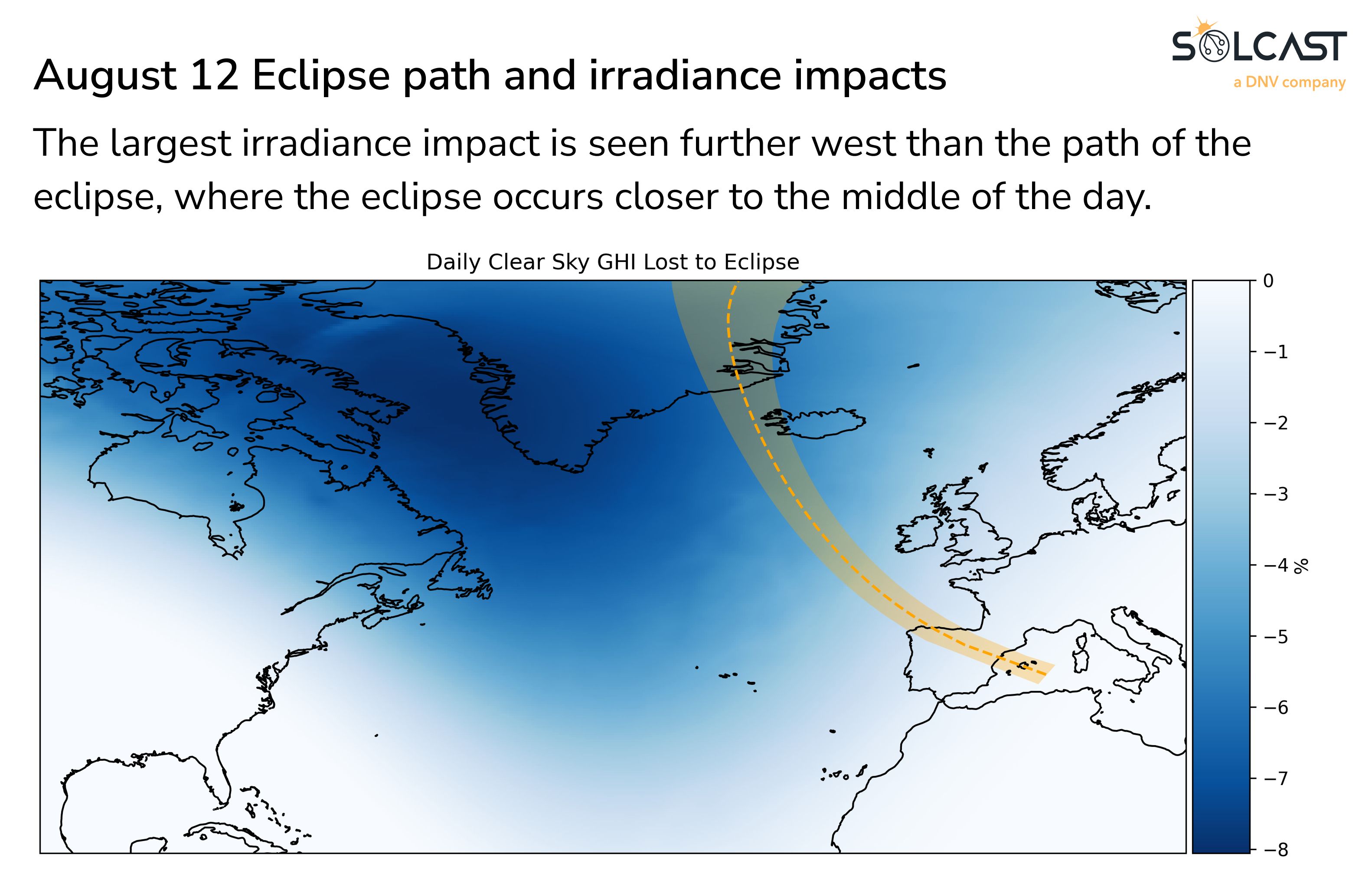 August 12 eclipse path and irradiance impacts
