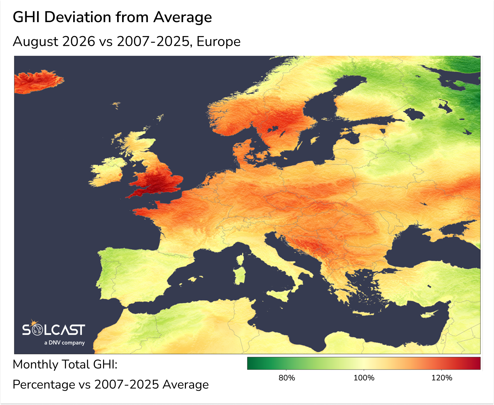 Europe August 2026 GHI Deviation from 2007-2025 Average