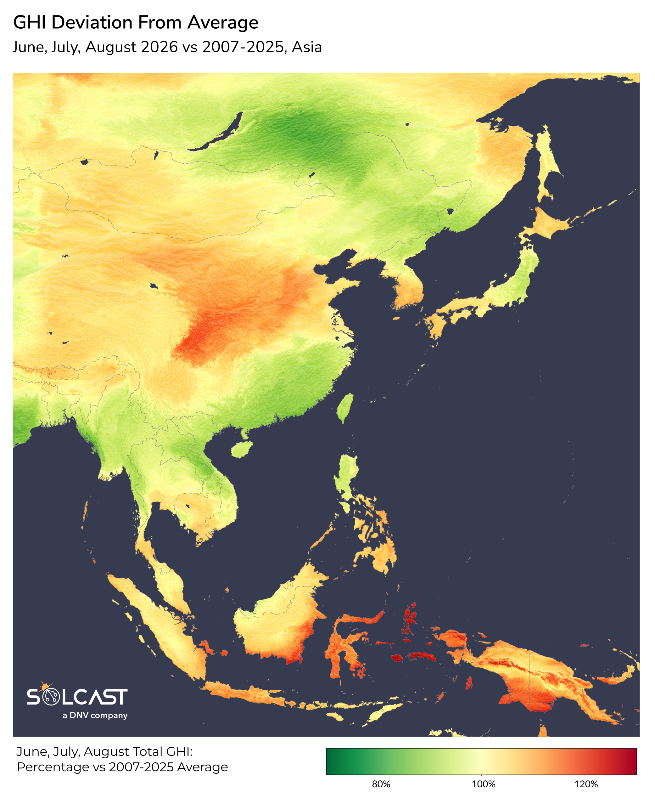 Asia GHI Deviation from Average - June, July August 2026 vs 2007-2025