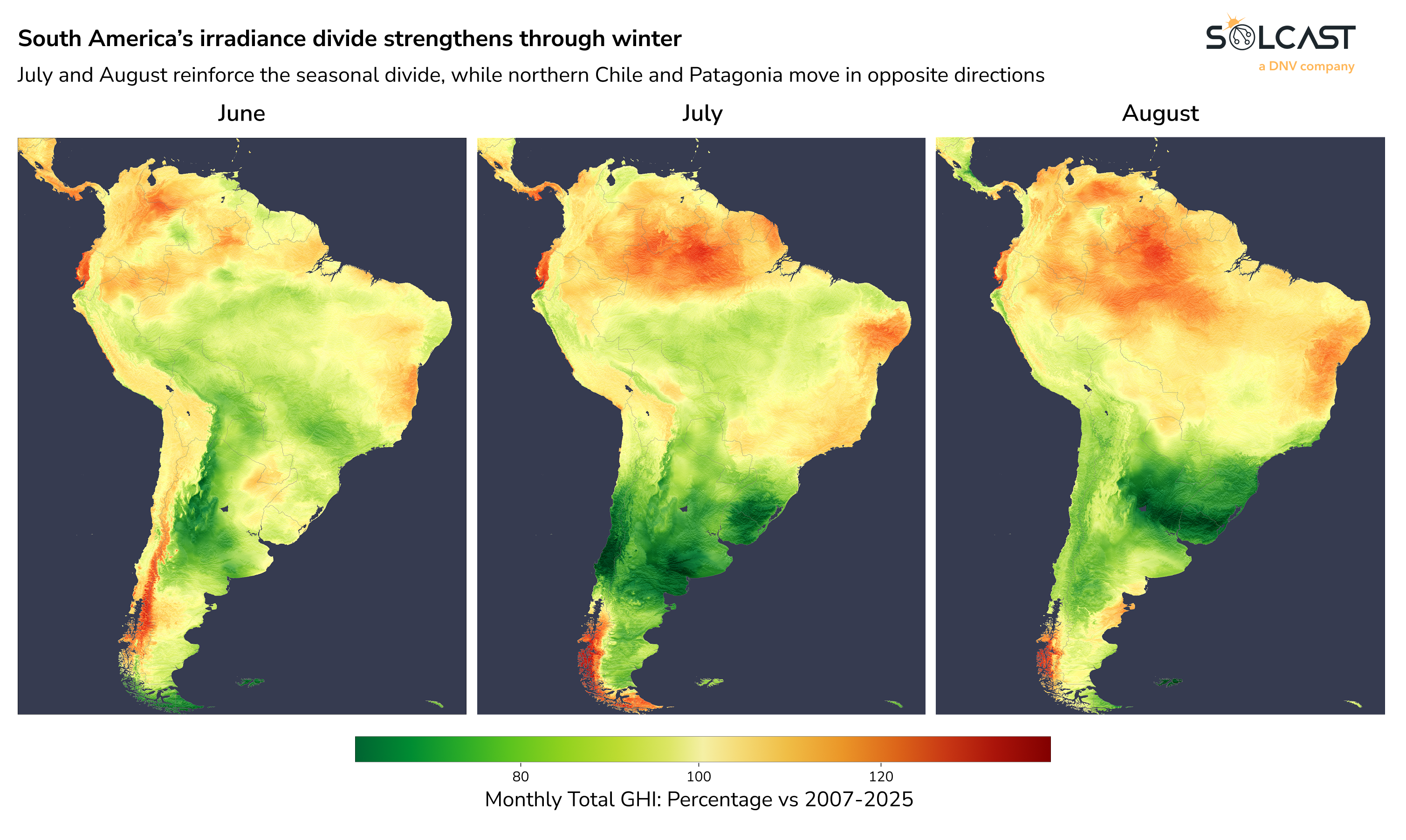 South America: June to August 2026 irradiance