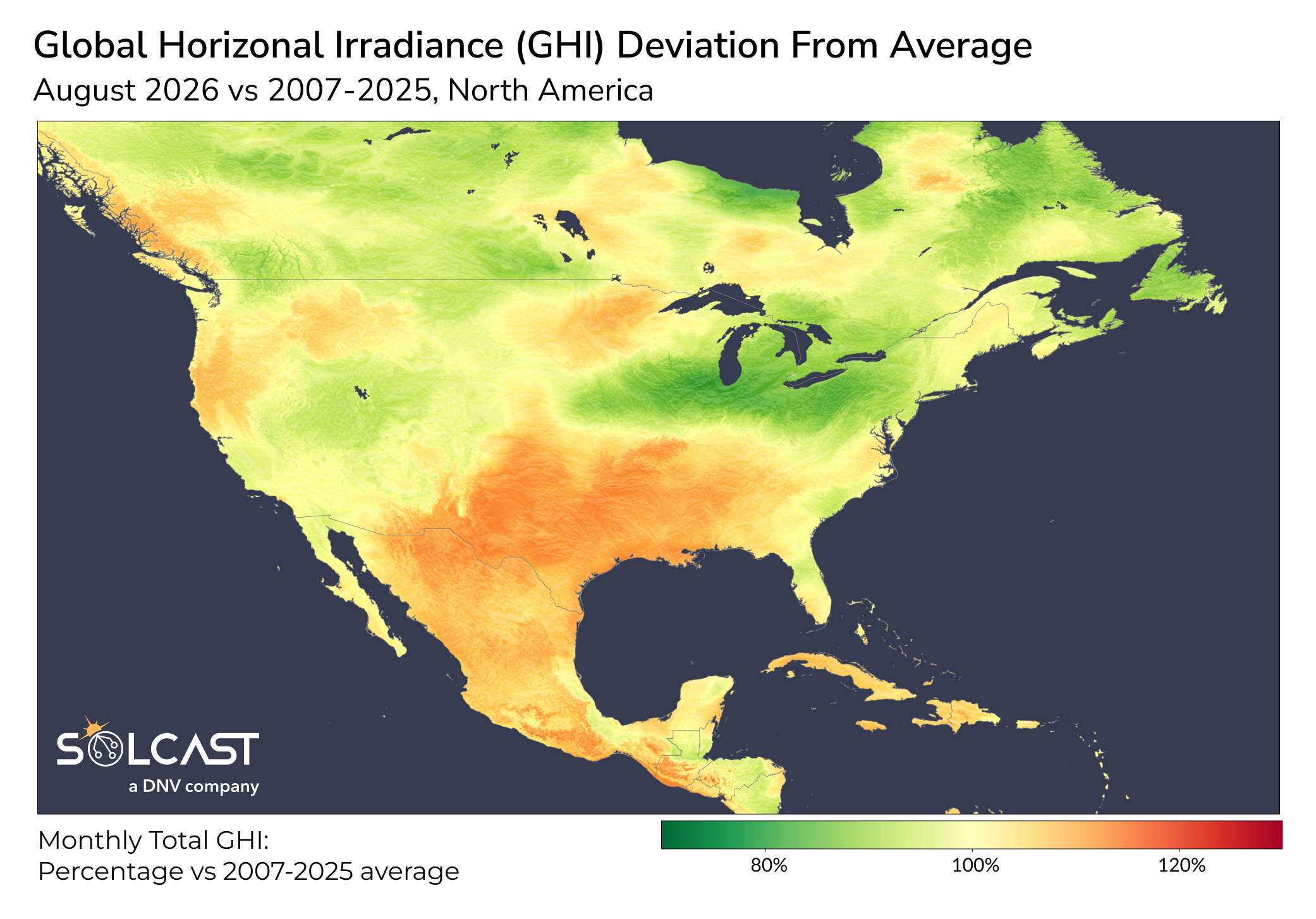 North America GHI Deviation from Average - August 2026 vs 2007-2025
