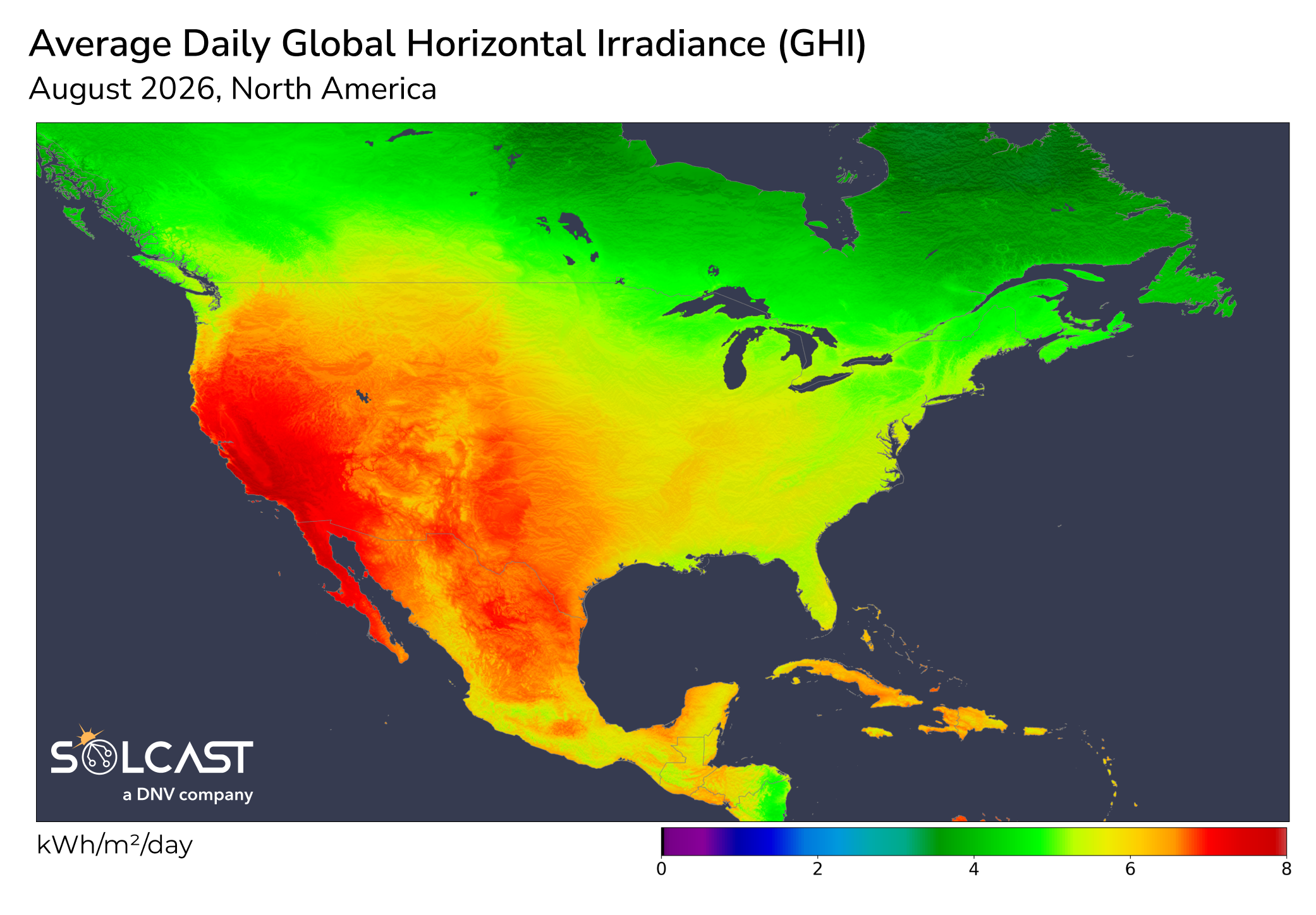 North America Average Daily GHI: August 2026