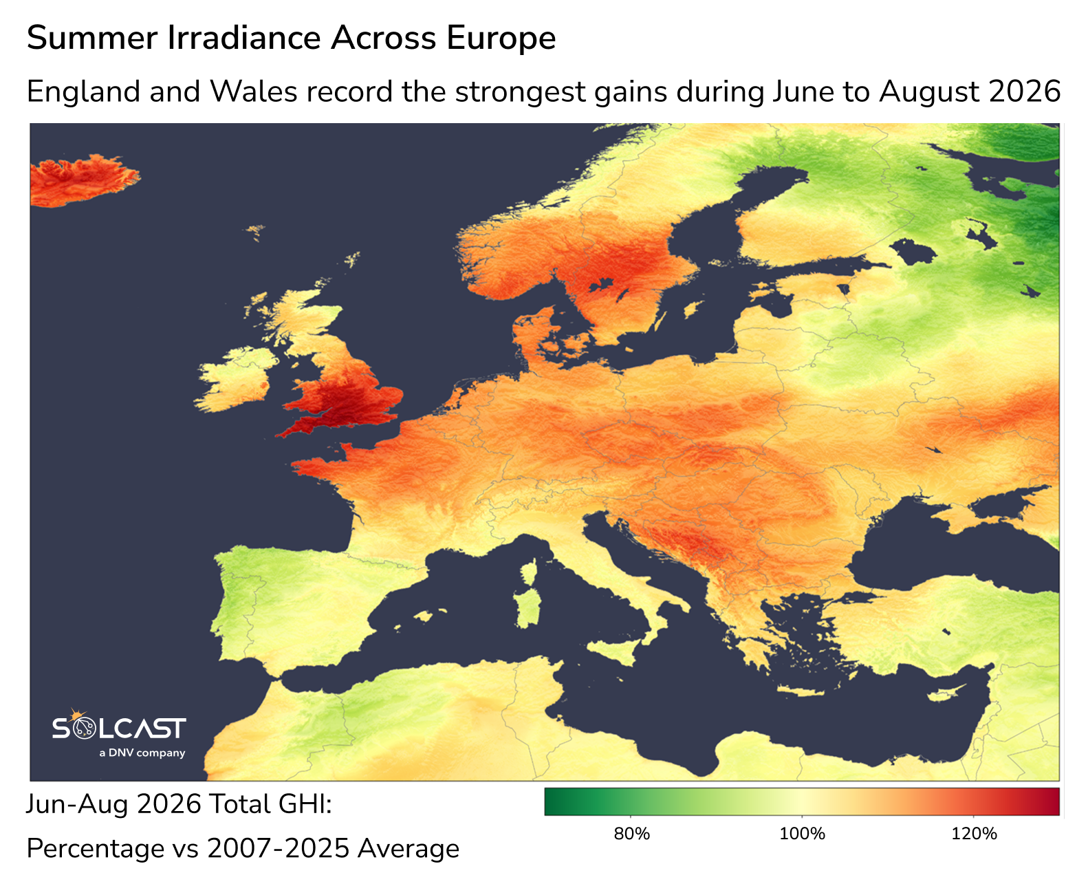 Summer irradiance across Europe (June to August 2026)