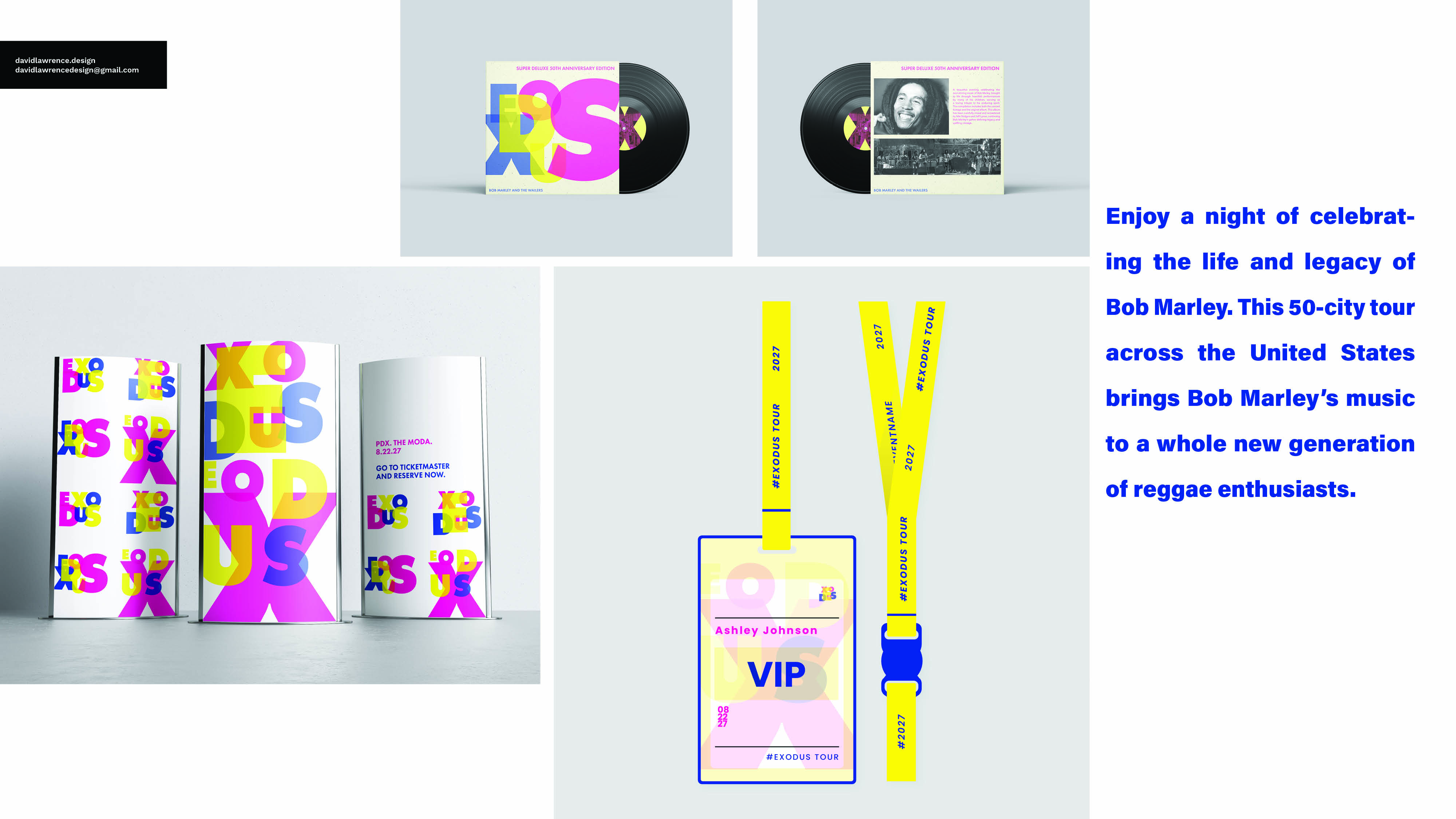 Super deluxe 50th anniversary Bob Marley Exodus vinyl records with colorful album covers, concert tickets, and VIP passes featuring bright yellow lanyards.
