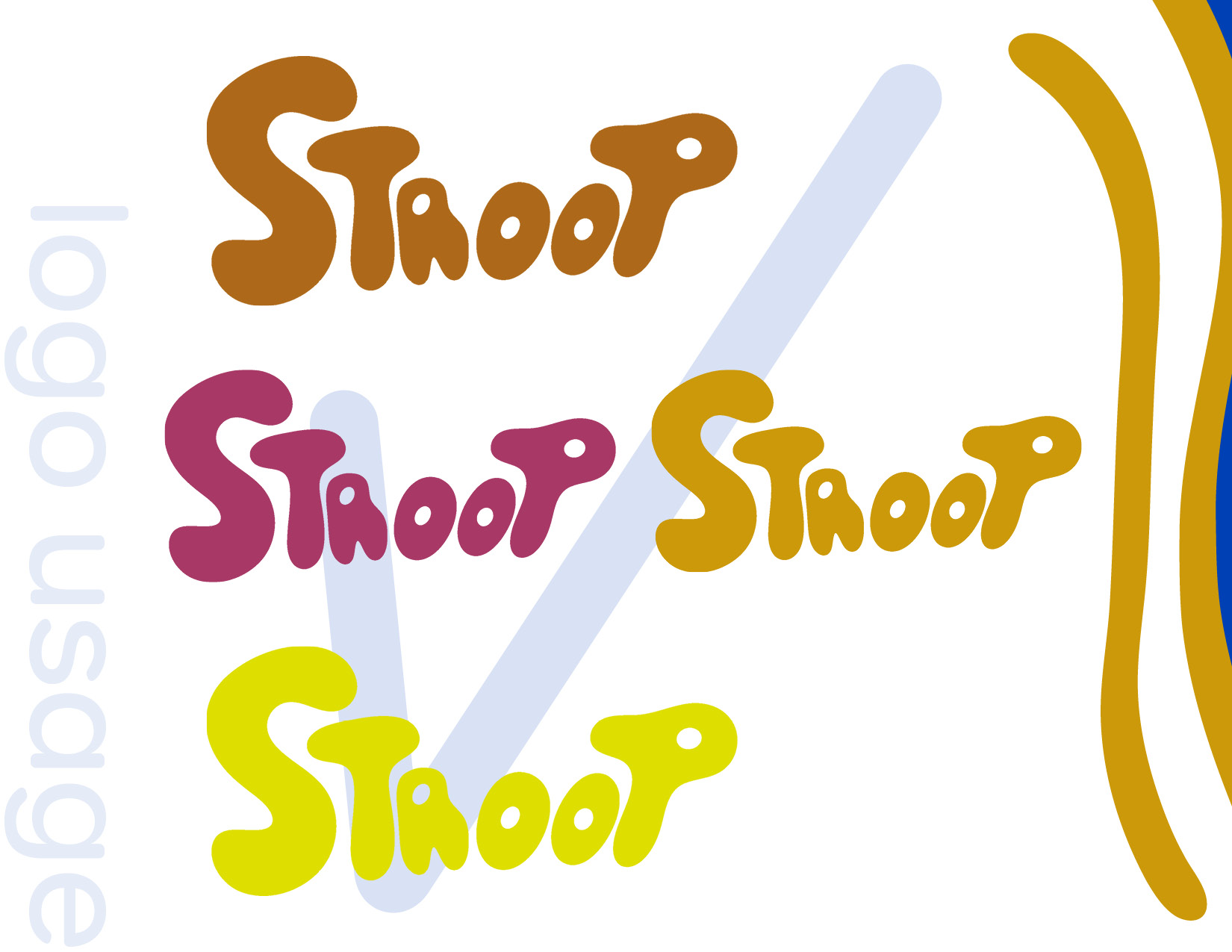 Four stylized colorful text designs of the word 'Stroop' in brown, purple, gold, and yellow on a white background with 'logo usage' in light blue on the left.