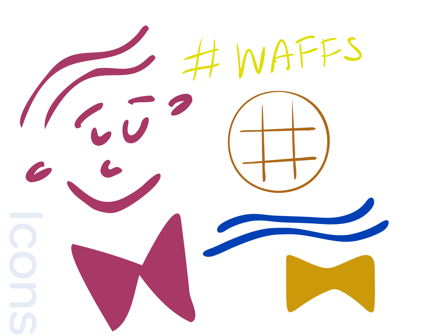 Abstract colorful drawings including a smiling face, the word #WAFFS, a waffle grid inside a circle, wavy lines, and bowtie shapes.