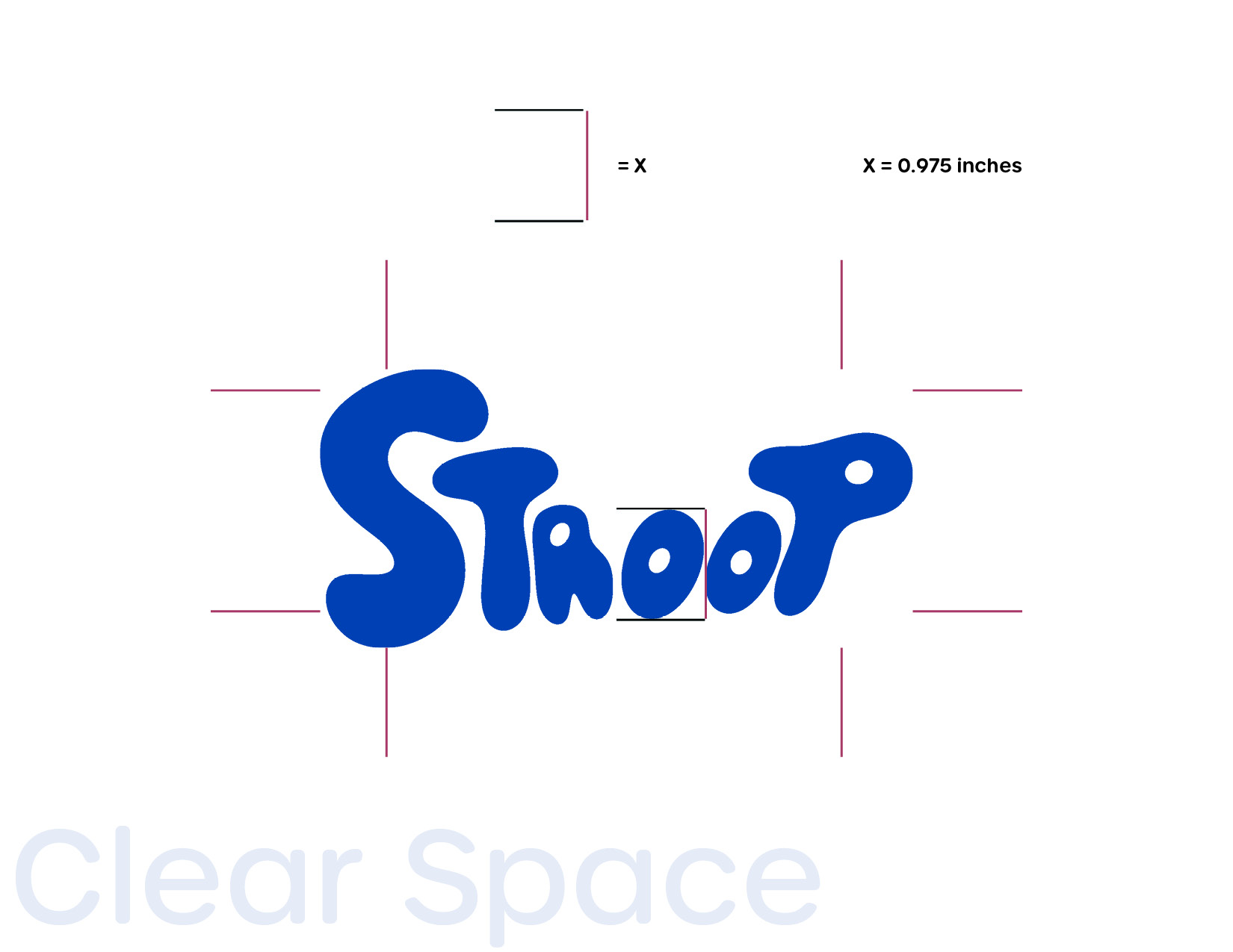 Blue stylized text 'Straoot' with clear space guidelines marked around the logo and measurement noted as X = 0.975 inches.