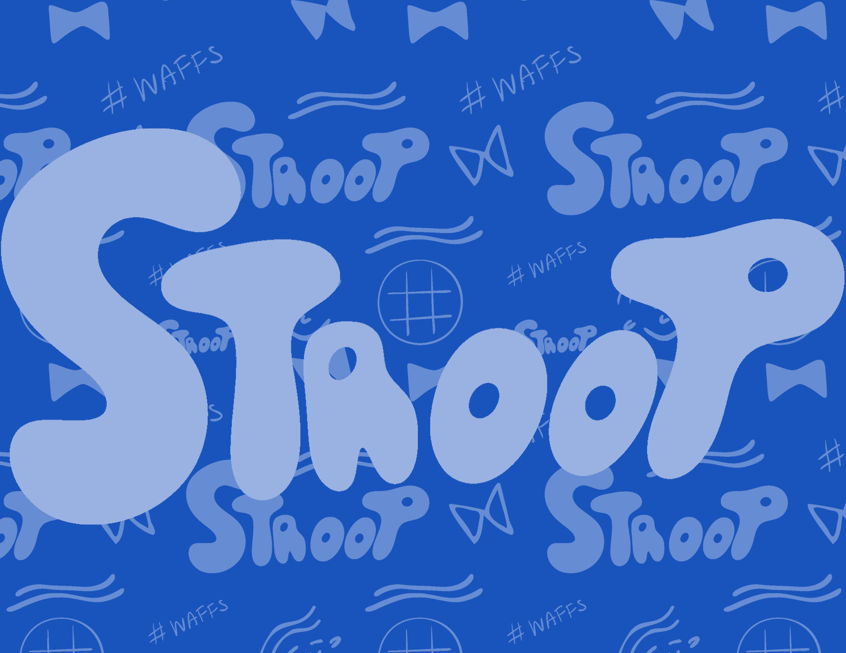 Blue background with large stylized text 'STHOOP' and repeated smaller text 'STHOOP', '#WAFFS', waffle, and bow tie icons in lighter blue.