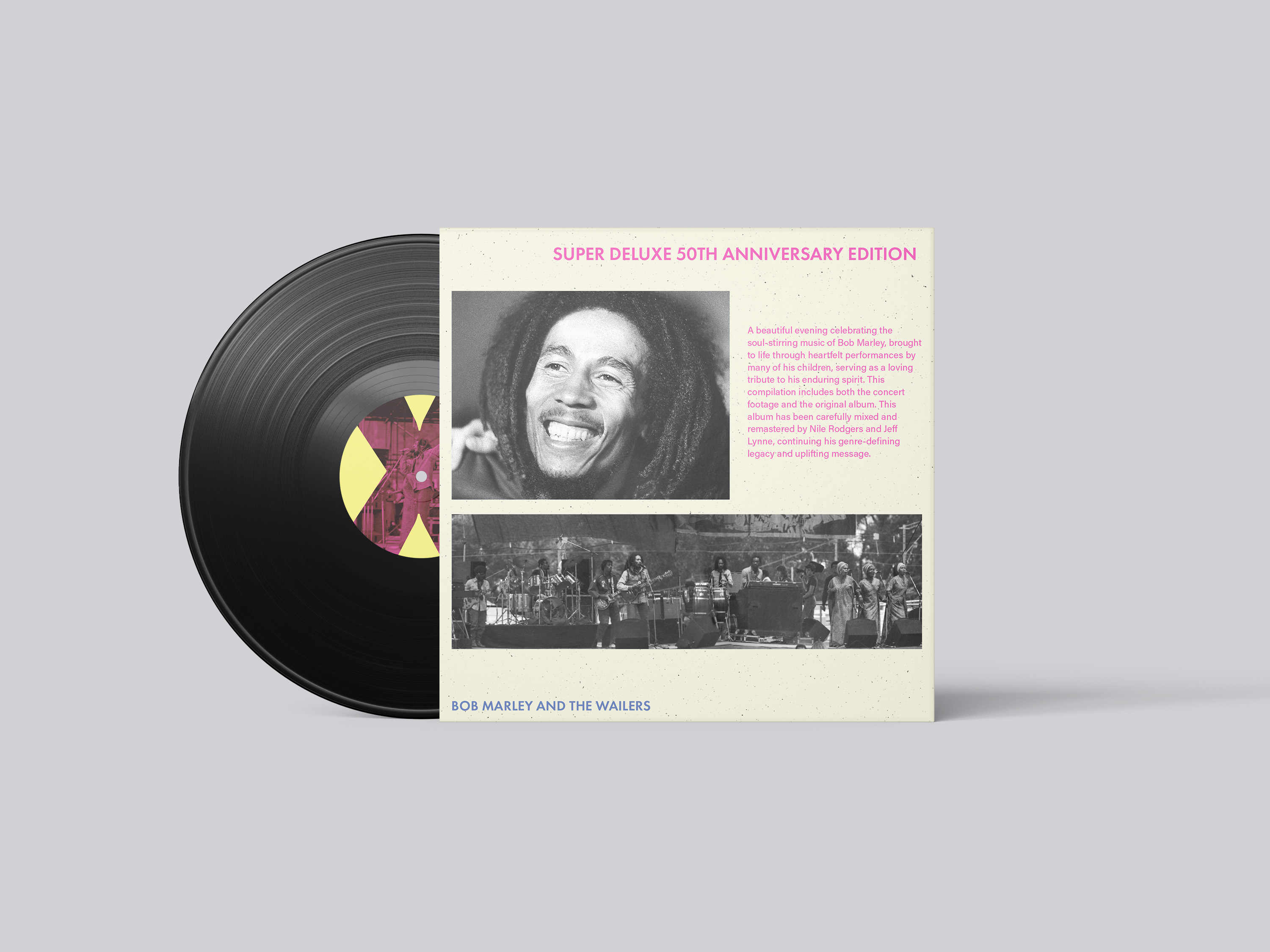 Vinyl record with album cover featuring smiling Bob Marley and band performing live, titled 50th anniversary edition.