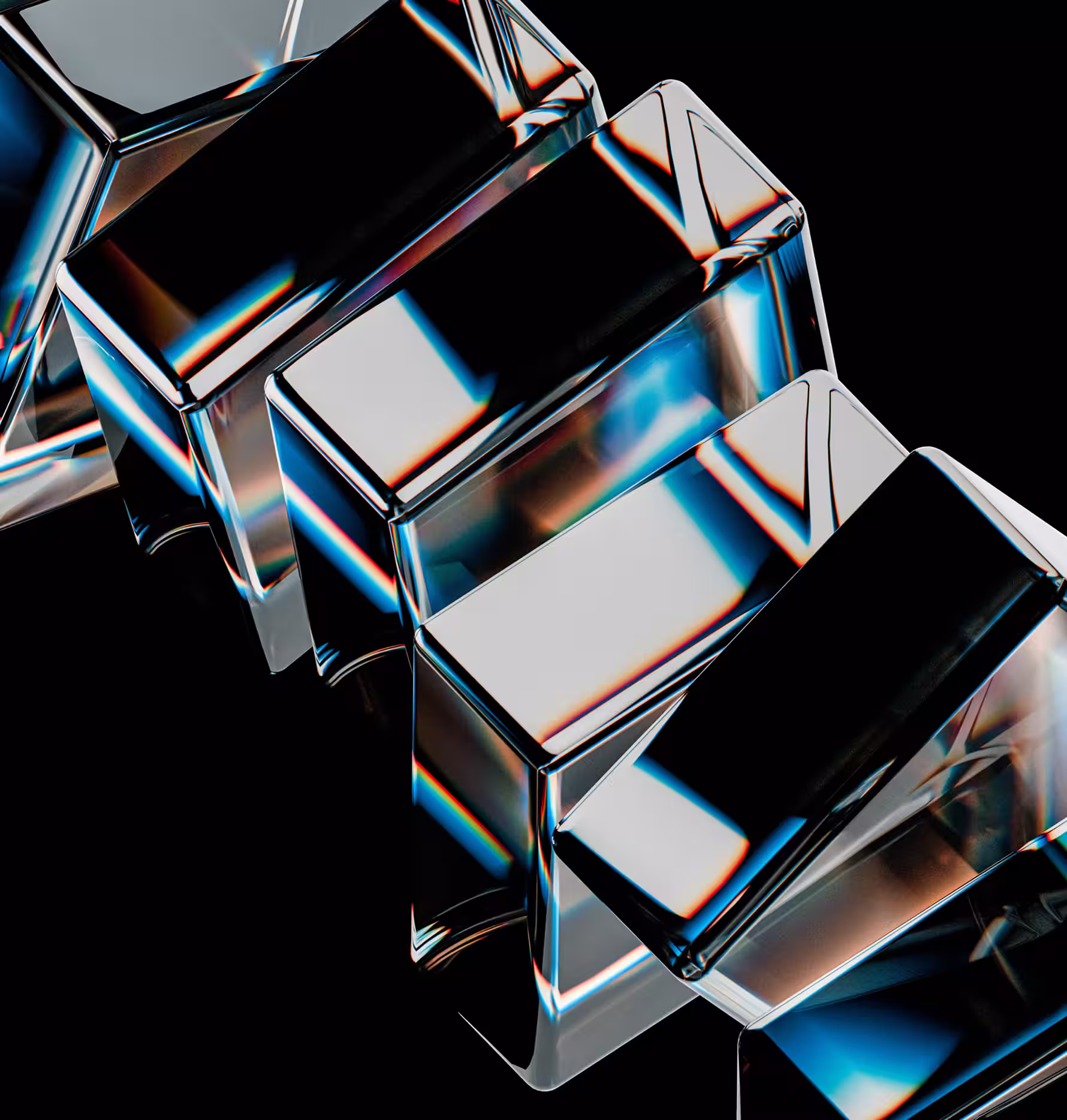 reflective metal squares stacked vertically and tilted at an angle