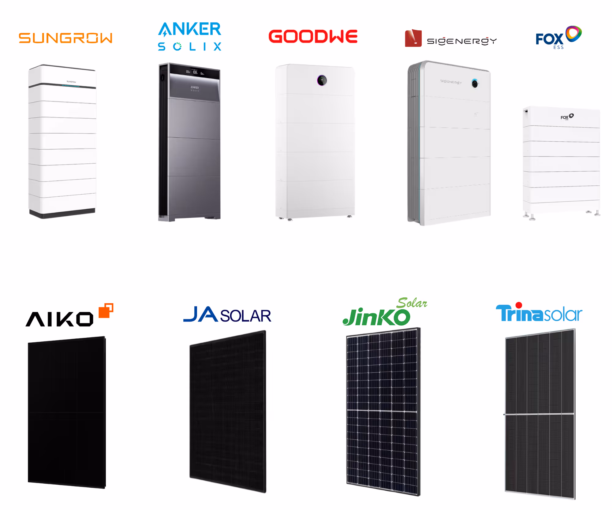 Collection of battery storage and solar panel products from major renewable energy manufacturers including Sungrow, Anker, Goodwe, Sigenergy, FoxESS, Aiko, JA Solar, Jinko Solar, and Trina Solar 2