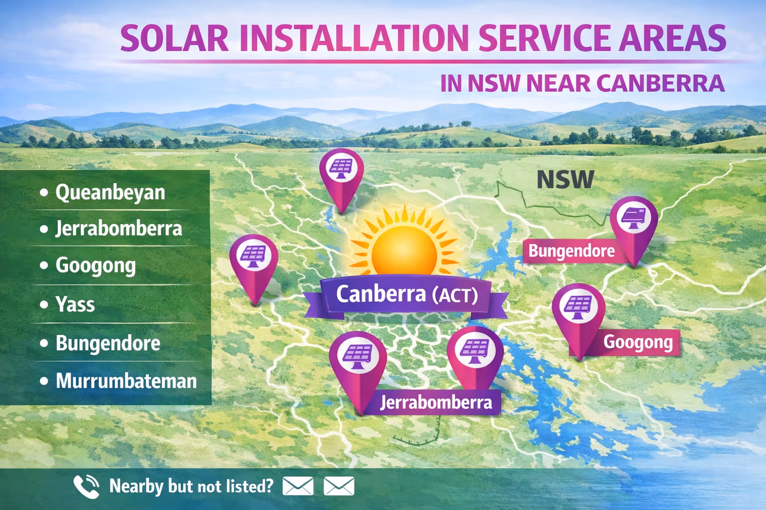 Decarby solar install solar panels across nearby NSW locations including Queanbeyan, Jerrabomberra, Googong, Yass, Bungendore, and Murrumbateman.