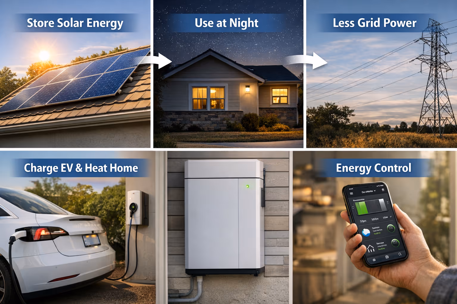 Diagram showing solar energy stored, used at night, reducing grid power, charging EVs, and energy control via smartphone.