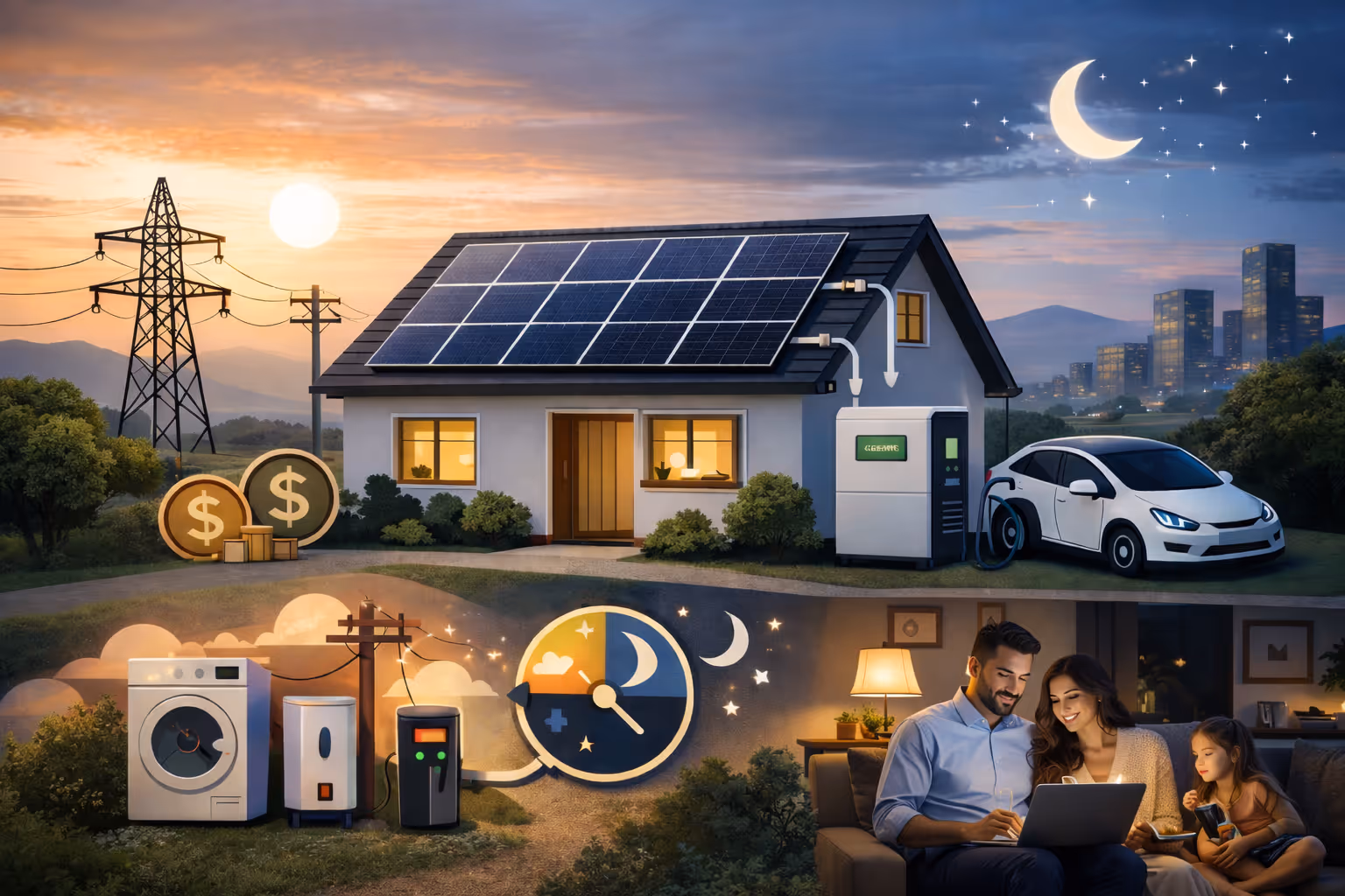 House with solar panels charging an electric car at night with family using laptop indoors and utility icons.