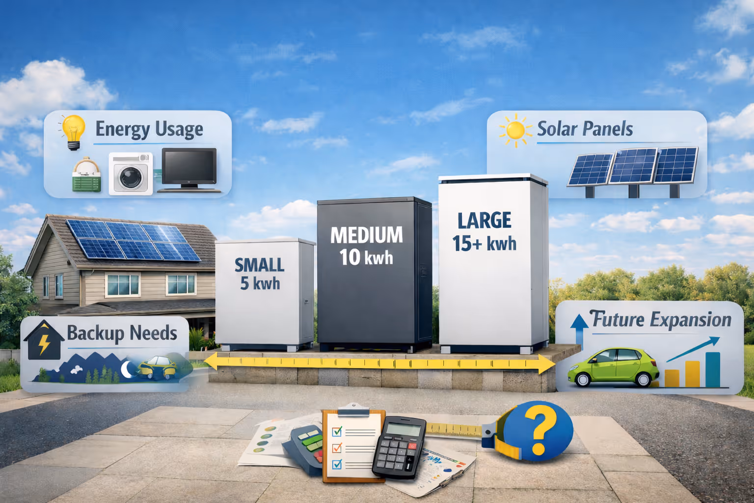 Three battery storage units labeled small 5 kwh, medium 10 kwh, large 15+ kwh with energy usage and solar panels icons.