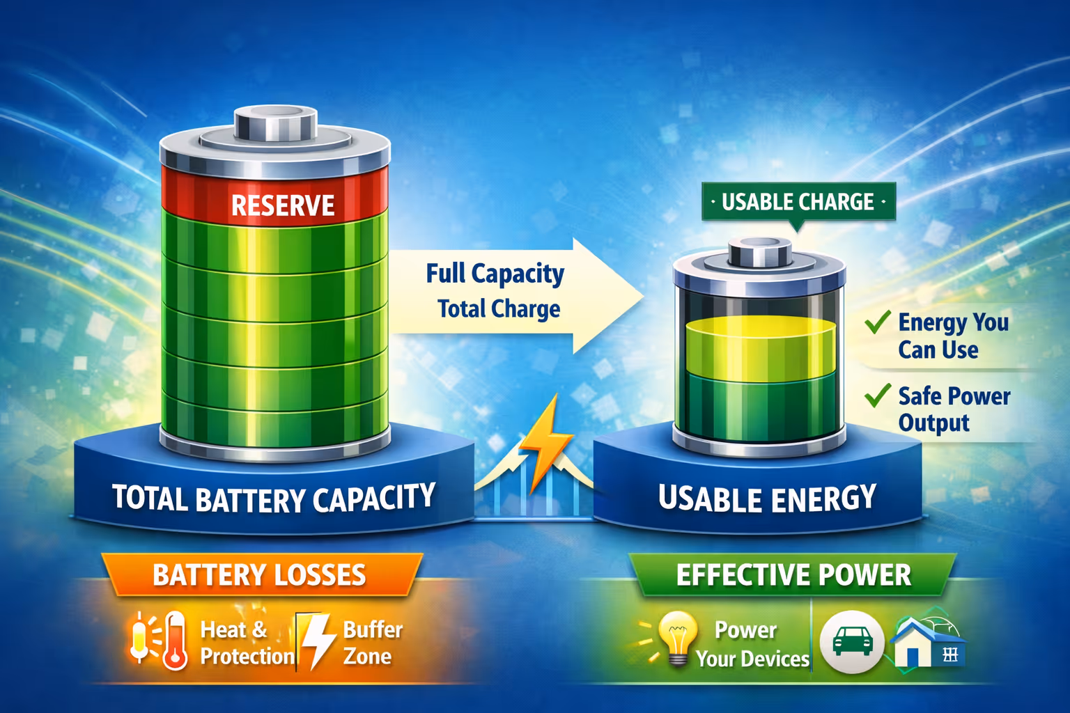 Diagram comparing total battery capacity with usable energy showing losses and effective power.