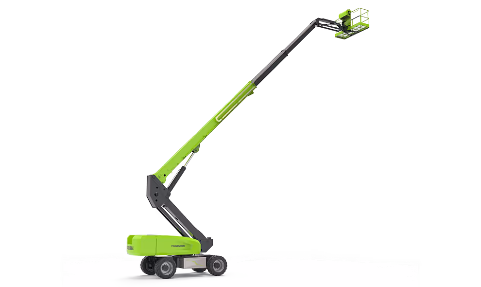 Green and black articulated boom lift with extended arm and work platform on wheels.