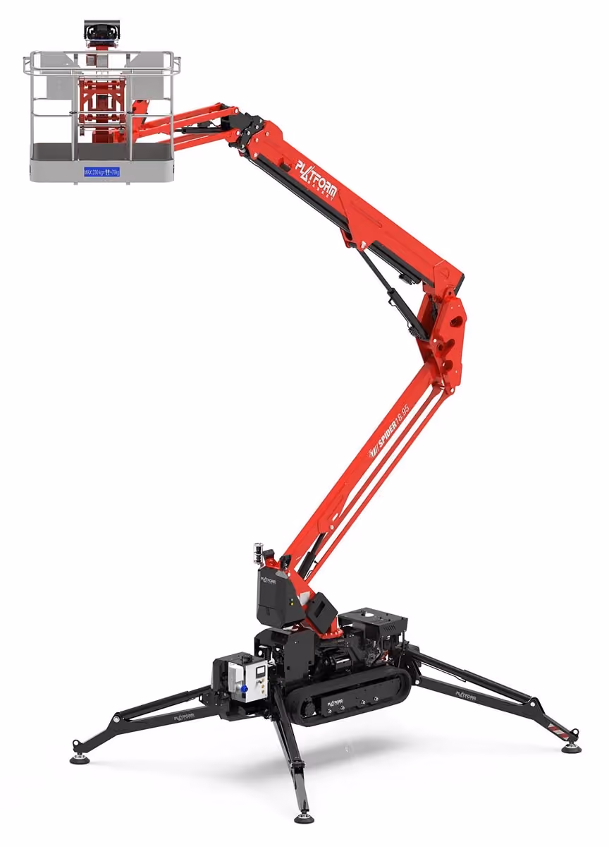 Red and black articulated spider lift with extended arms and a platform for workers.