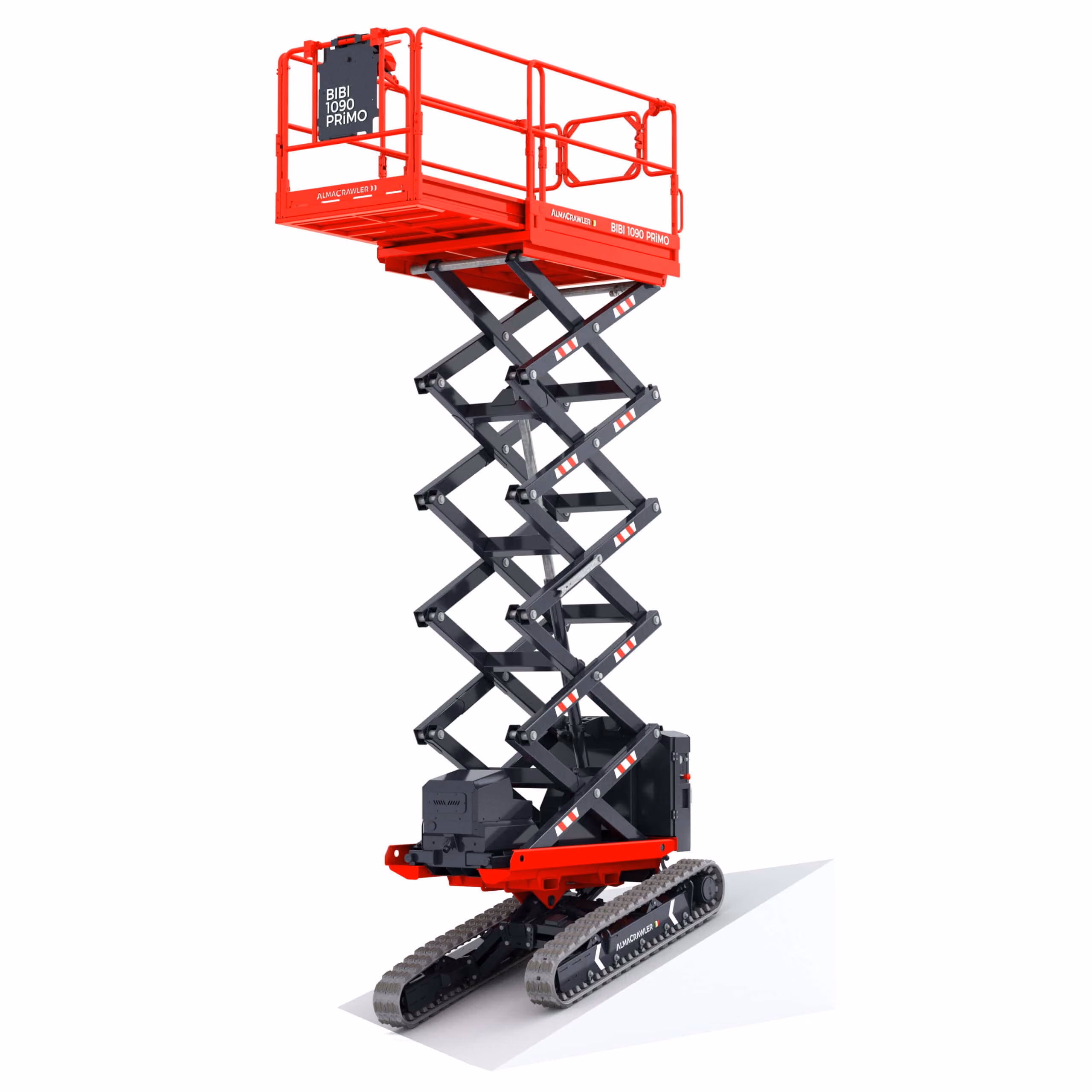Red and black scissor lift on crawler tracks fully extended with safety railings and platform.