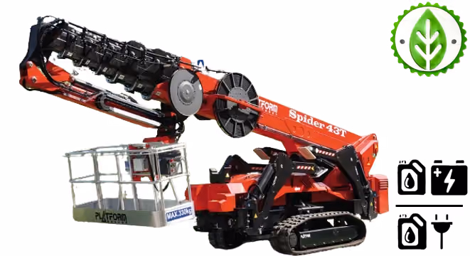 Red Platform Spider 43T tracked lift with extendable arm and work platform basket.
