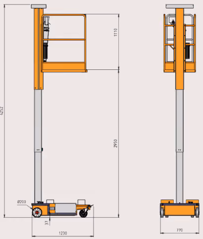 Technical drawing showing front and side views of an orange and gray vertical lift with measurements.