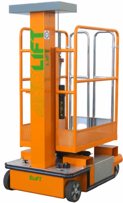 Orange AXOLIFT Elift 3.0 vertical personnel lift with safety rails and wheels.
